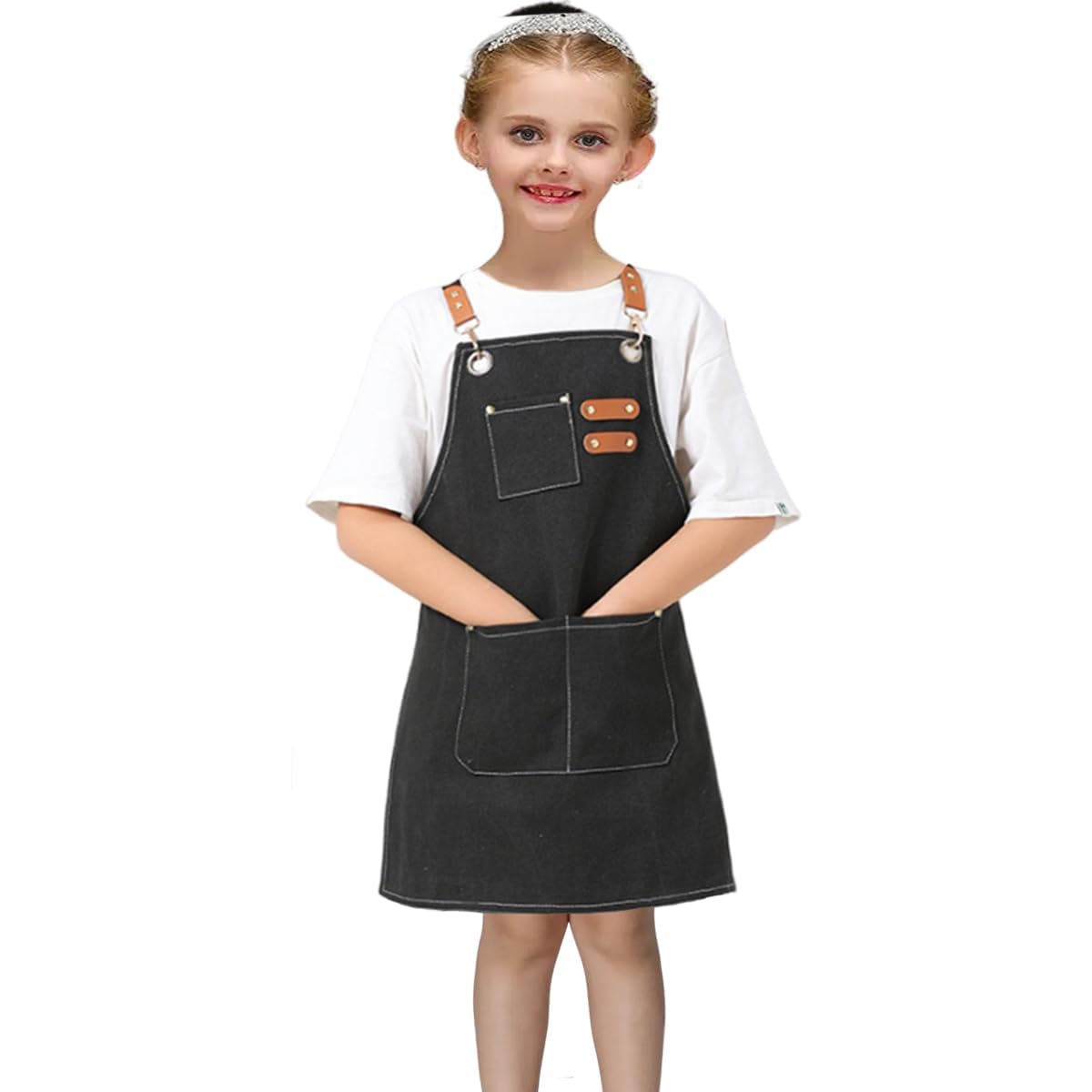 USCHAILIQIANG Kids Aprons Adjustable With 3 PocketsTool Waterproof For Cooking Painting Gardener Canvas Apron For 6-12 Girls And Boys (black)