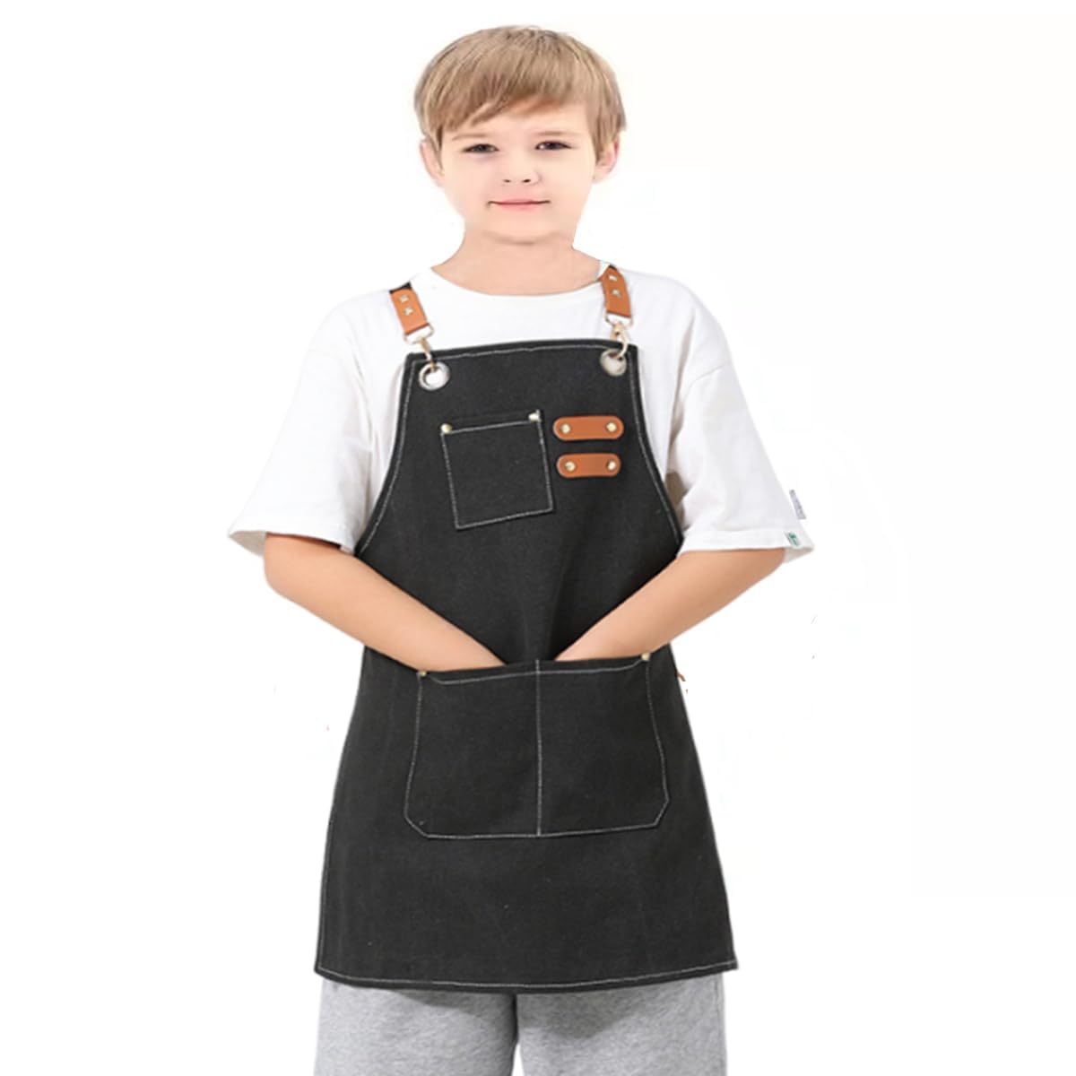 USCHAILIQIANG Kids Aprons Adjustable With 3 PocketsTool Waterproof For Cooking Painting Gardener Canvas Apron For 6-12 Girls And Boys (black)