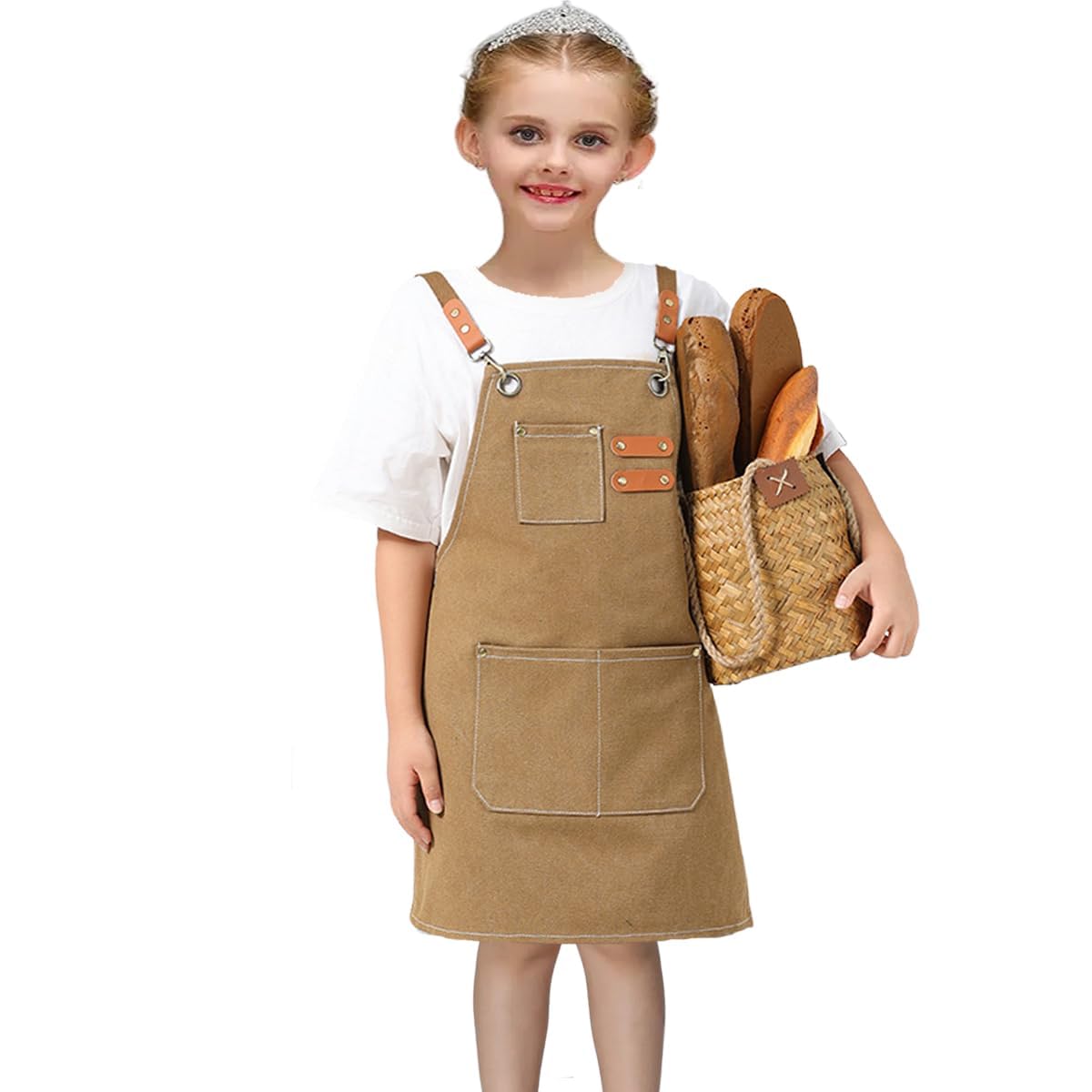 USCHAILIQIANG Kids Aprons Adjustable With 3 PocketsTool Waterproof For Cooking Painting Gardener Canvas Apron For 6-12 Girls And Boys (Brown)