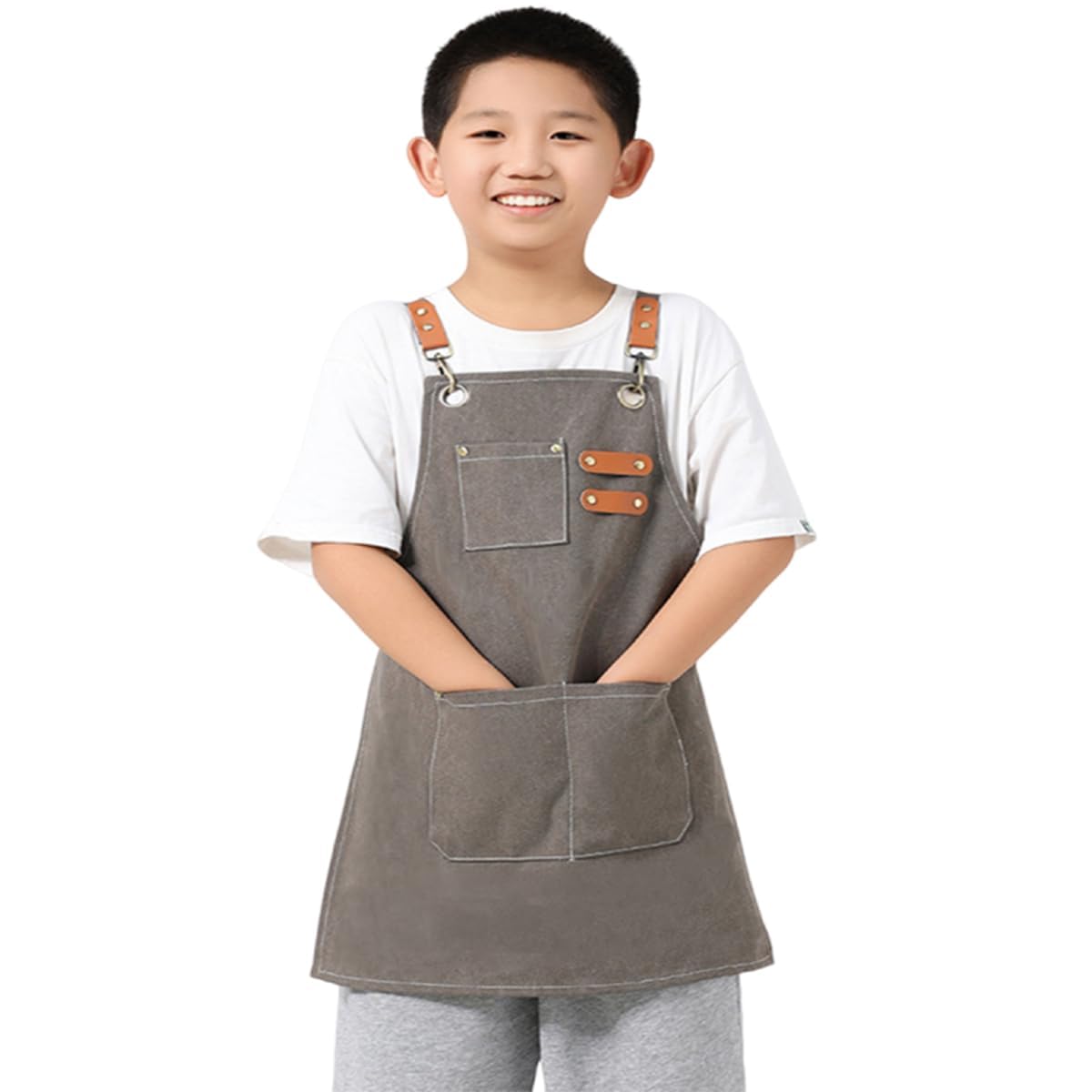 USCHAILIQIANG Kids Aprons Adjustable With 3 PocketsTool Waterproof For Cooking Painting Gardener Canvas Apron For 6-12 Girls And Boys (grey)