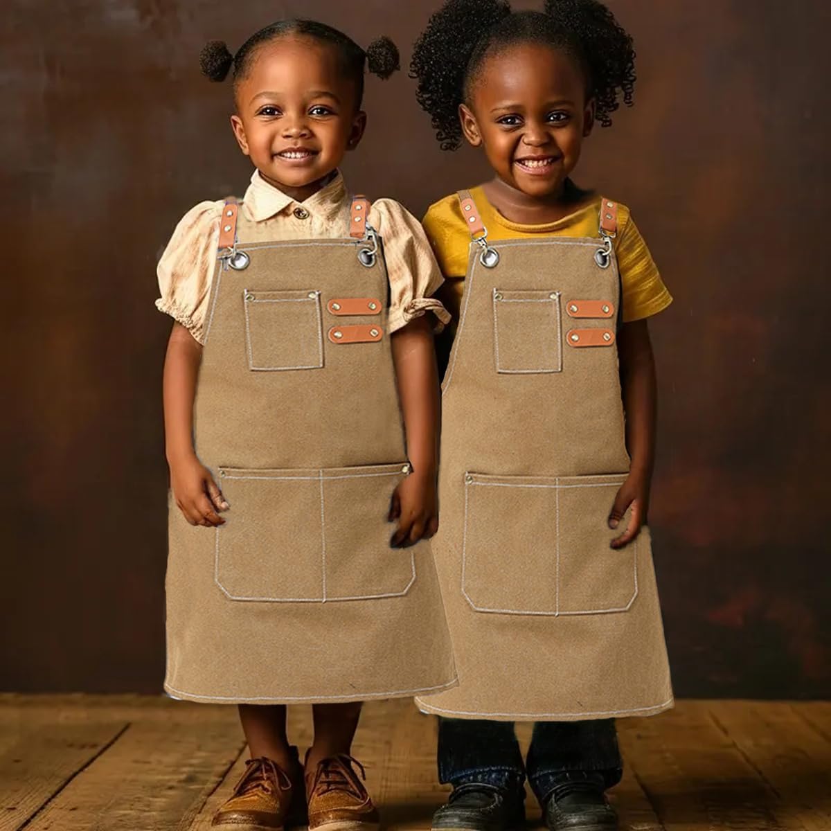 USCHAILIQIANG Kids Aprons Adjustable With 3 PocketsTool Waterproof For Cooking Painting Gardener Canvas Apron For 6-12 Girls And Boys (Brown)