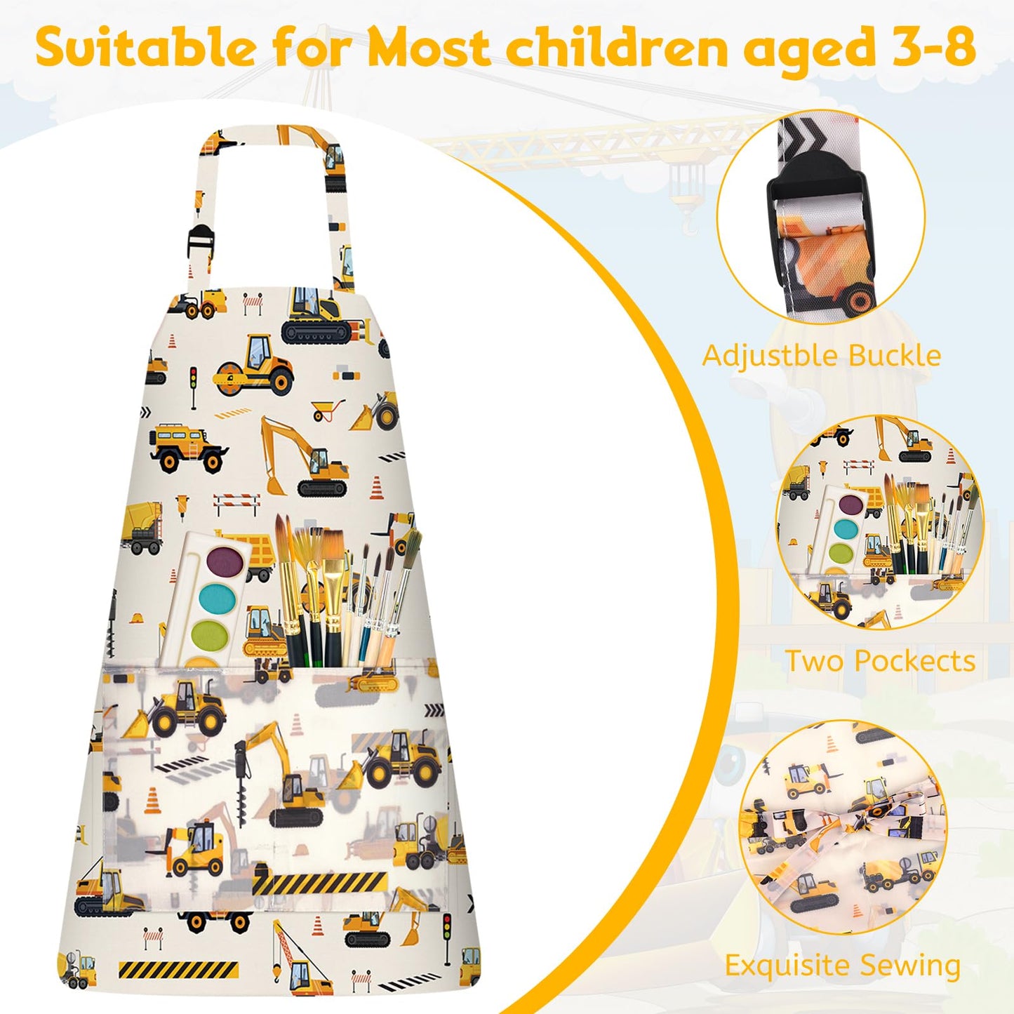 4 Pcs Kids Aprons with Pockets Painting Apron for Kids, PLULON Kids Apron Adjustable Strap Engineering Vehicles Bulldozer Excavator Truck Apron, Apron for Painting Cooking Baking Girls Boys, 3-8 Years