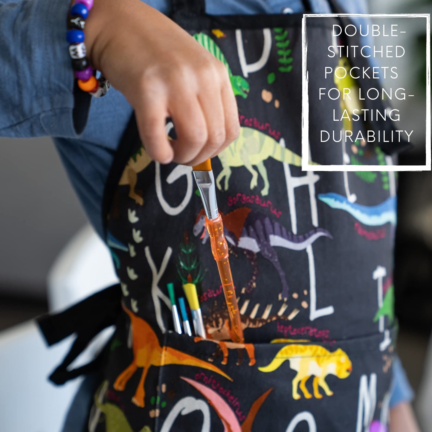 BABYBOET Kids Apron for Girls and Boys Apron for Kids Toddler with Pocket for Painting Cooking Baking Art Gardening Craft (Dinosaur Alphabet, Medium 6-12 yrs)