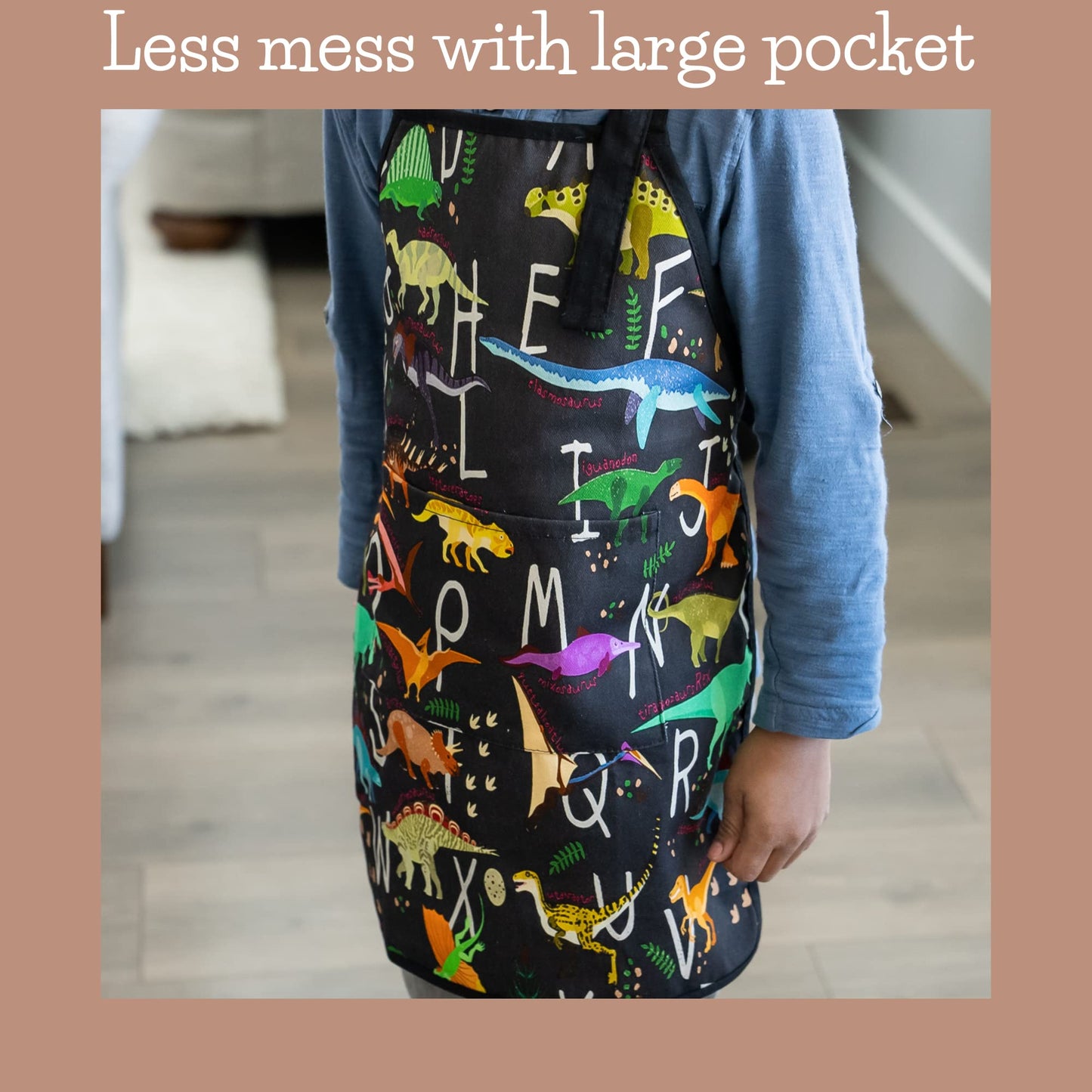 BABYBOET Kids Apron for Girls and Boys Apron for Kids Toddler with Pocket for Painting Cooking Baking Art Gardening Craft (Dinosaur Alphabet, Medium 6-12 yrs)