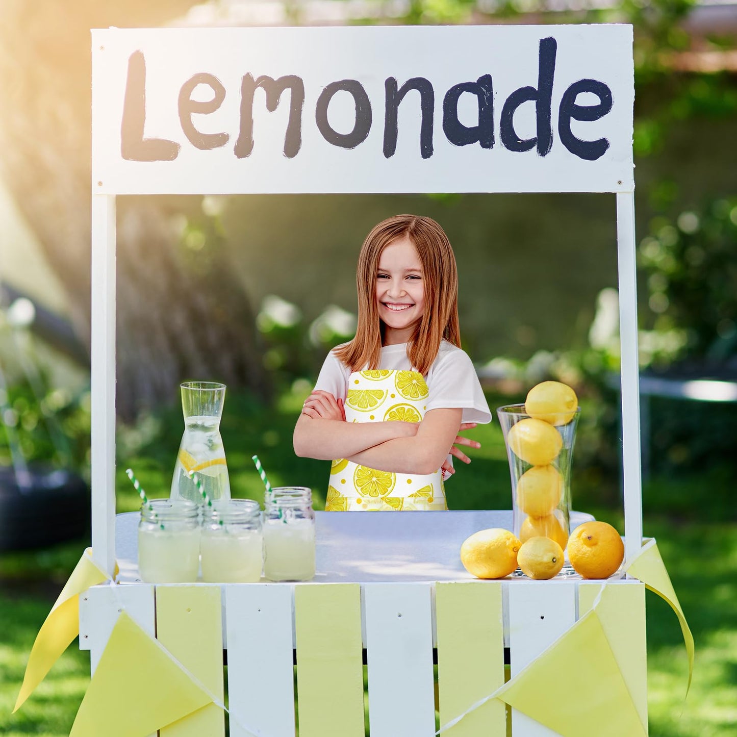 PLULON 4 Pcs Kids Aprons with Pockets Painting Apron for Kids, Lemon Kids Apron Adjustable Strap Lemonade Apron for Painting Cooking Baking Girls Boys Paint Apron Lemonade Party Supplies, 3-8 Years