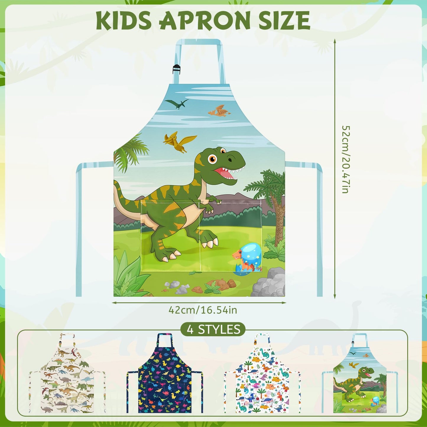 PLULON 4 Pcs Kids Aprons with Pockets Painting Apron for Kids, Dinosaur Kids Apron Adjustable Strap Dino Apron for Painting Cooking Baking Girls Boys Paint Dinosaur Party Supplies, 3-8 Years