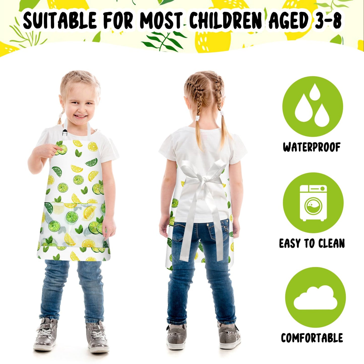 PLULON 4 Pcs Kids Aprons with Pockets Painting Apron for Kids, Lemon Kids Apron Adjustable Strap Lemonade Apron for Painting Cooking Baking Girls Boys Paint Apron Lemonade Party Supplies, 3-8 Years