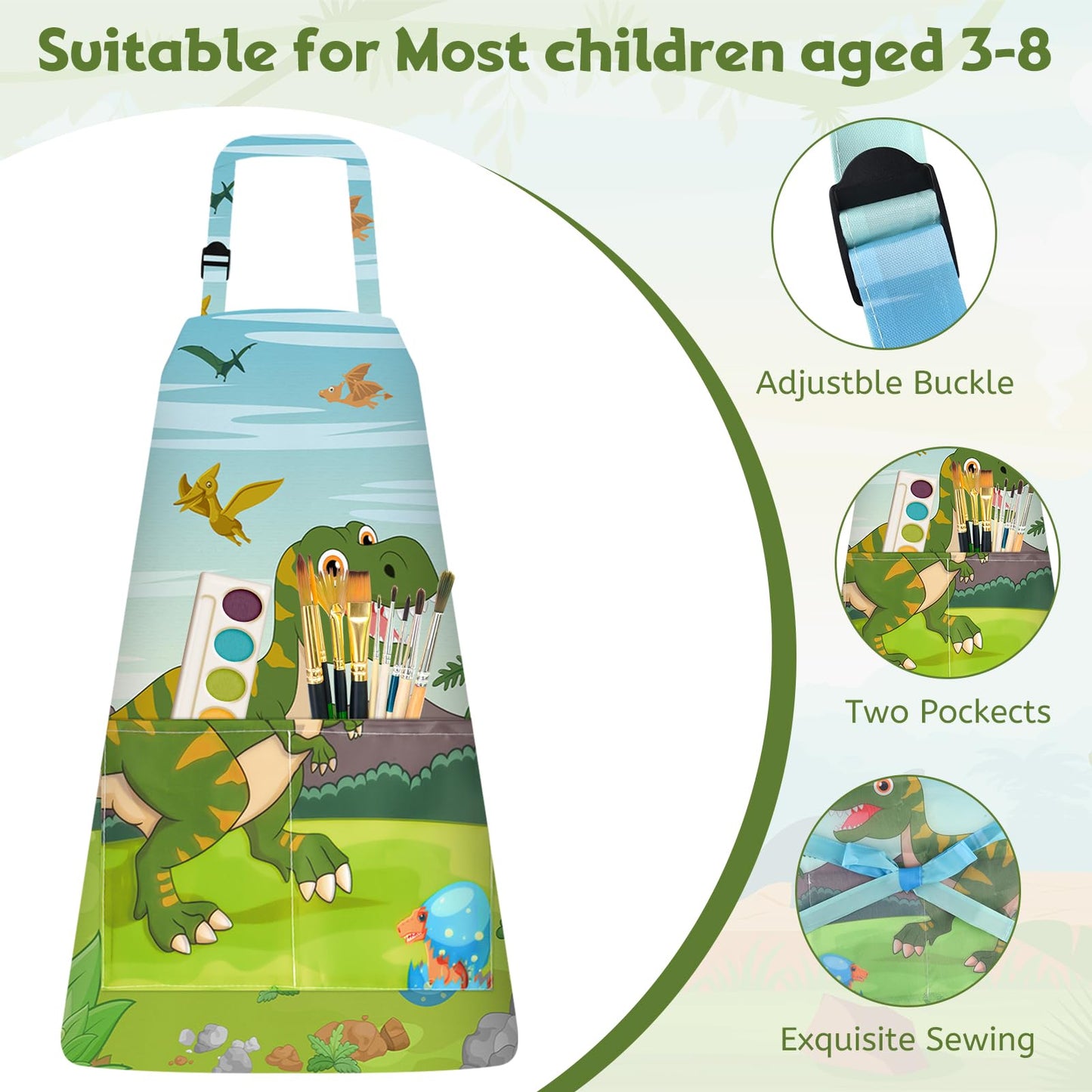 PLULON 4 Pcs Kids Aprons with Pockets Painting Apron for Kids, Dinosaur Kids Apron Adjustable Strap Dino Apron for Painting Cooking Baking Girls Boys Paint Dinosaur Party Supplies, 3-8 Years