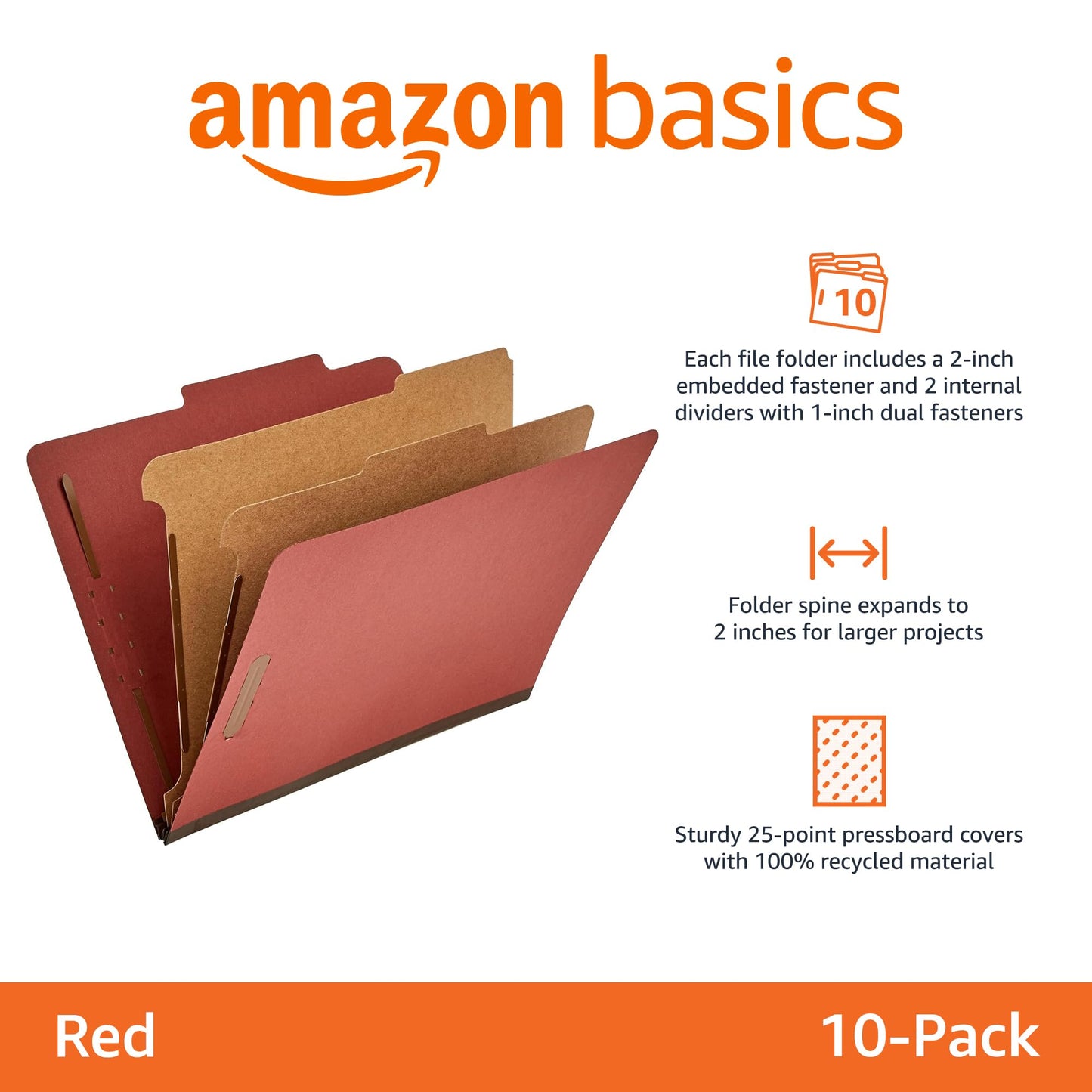 Amazon Basics Pressboard Classification File Folder with Fasteners, 2 Dividers, 2-Inch Expansion, Pack of 10, 12.17 x 10.67 inch (Letter), Red