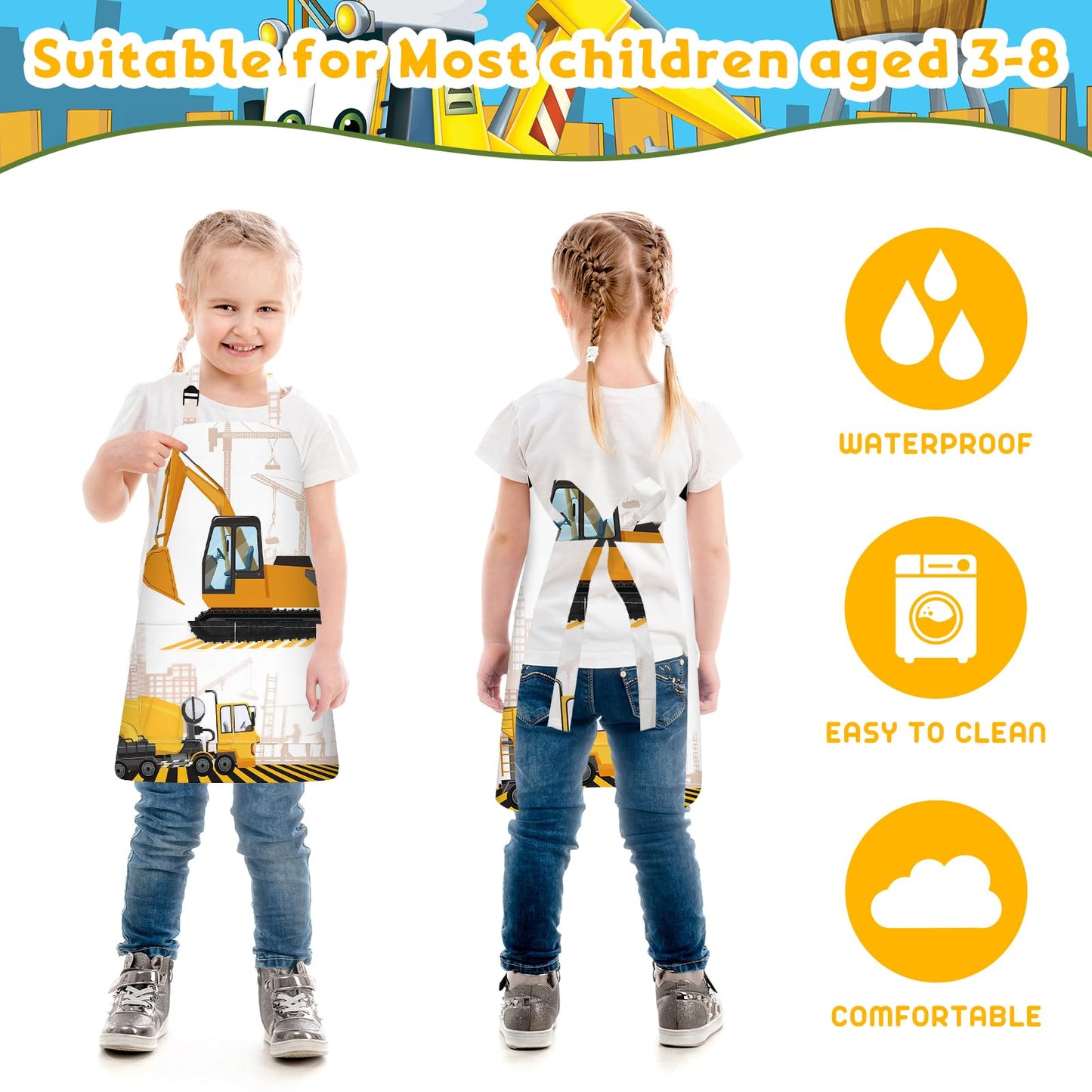 4 Pcs Kids Aprons with Pockets Painting Apron for Kids, PLULON Kids Apron Adjustable Strap Engineering Vehicles Bulldozer Excavator Truck Apron, Apron for Painting Cooking Baking Girls Boys, 3-8 Years