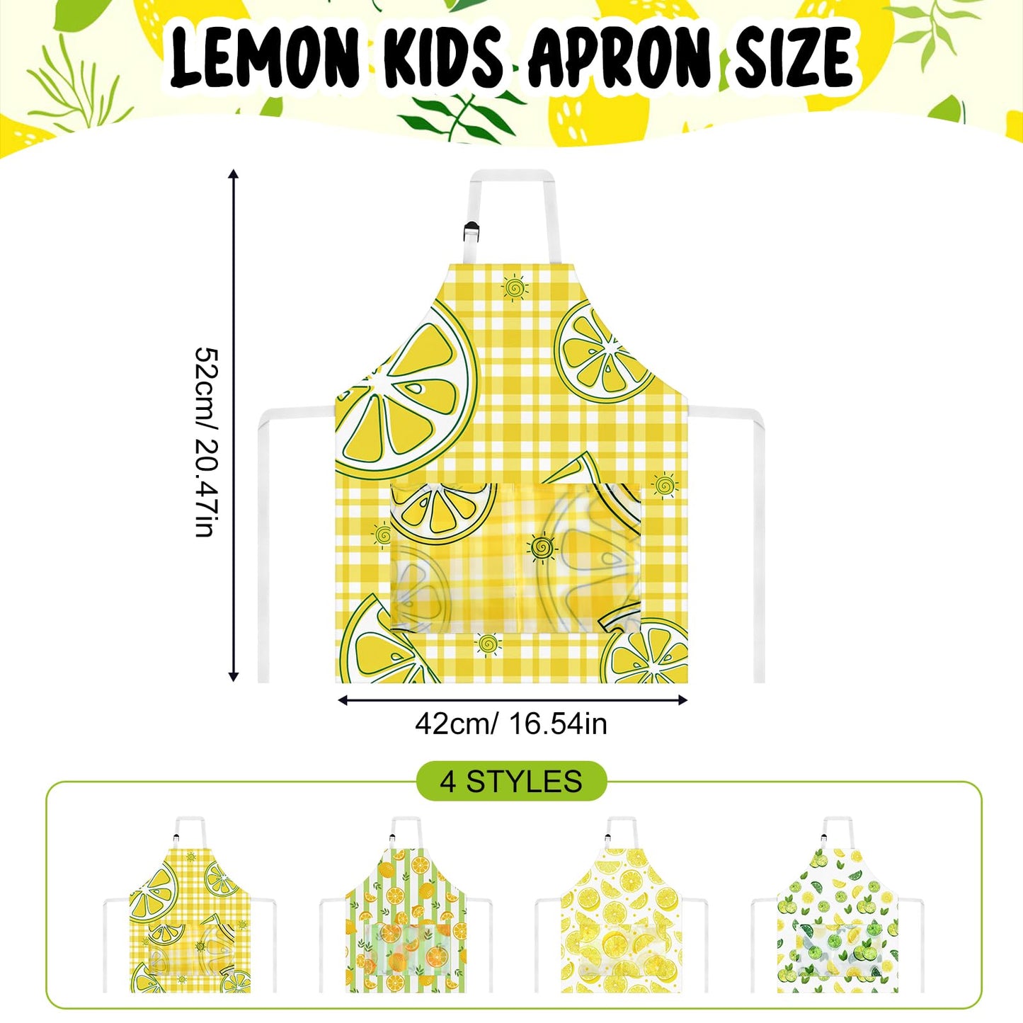 PLULON 4 Pcs Kids Aprons with Pockets Painting Apron for Kids, Lemon Kids Apron Adjustable Strap Lemonade Apron for Painting Cooking Baking Girls Boys Paint Apron Lemonade Party Supplies, 3-8 Years