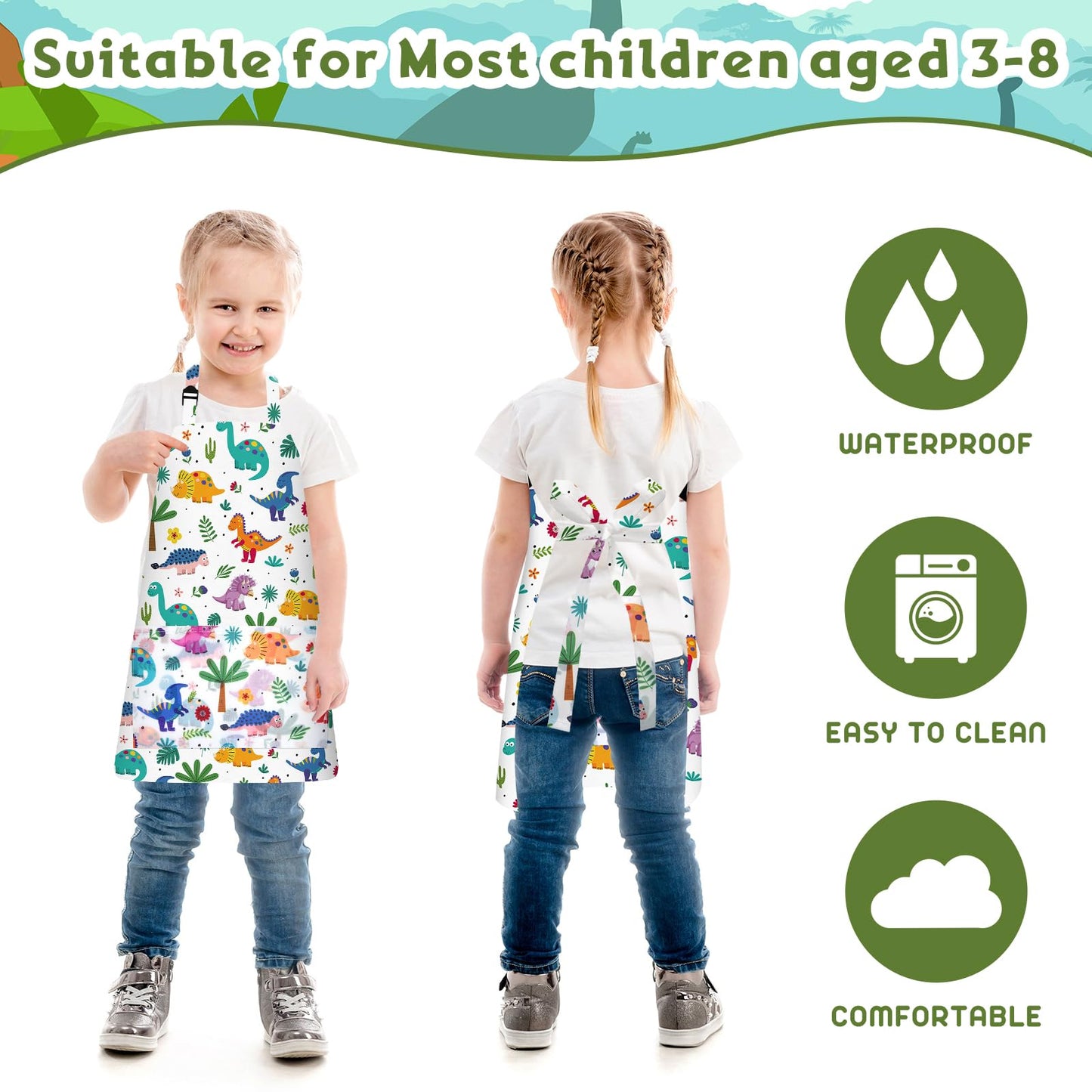 PLULON 4 Pcs Kids Aprons with Pockets Painting Apron for Kids, Dinosaur Kids Apron Adjustable Strap Dino Apron for Painting Cooking Baking Girls Boys Paint Dinosaur Party Supplies, 3-8 Years