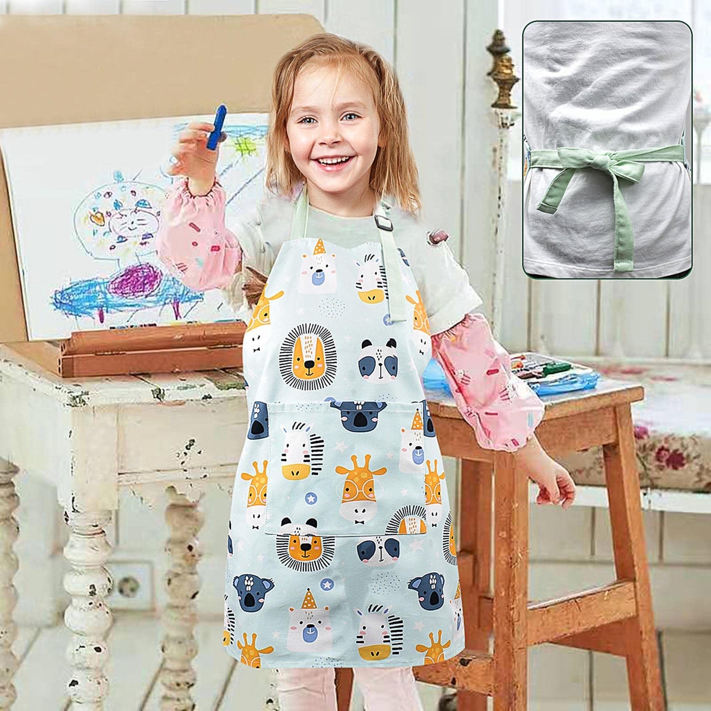 Pipoobear Kids Apron for Boys and Girls Aged 2-6, Toddler Aprons with Pocket Adjustable Strap, 100% Cotton Blue Chef Outfit for Kitchen Cooking Baking Painting and Craft