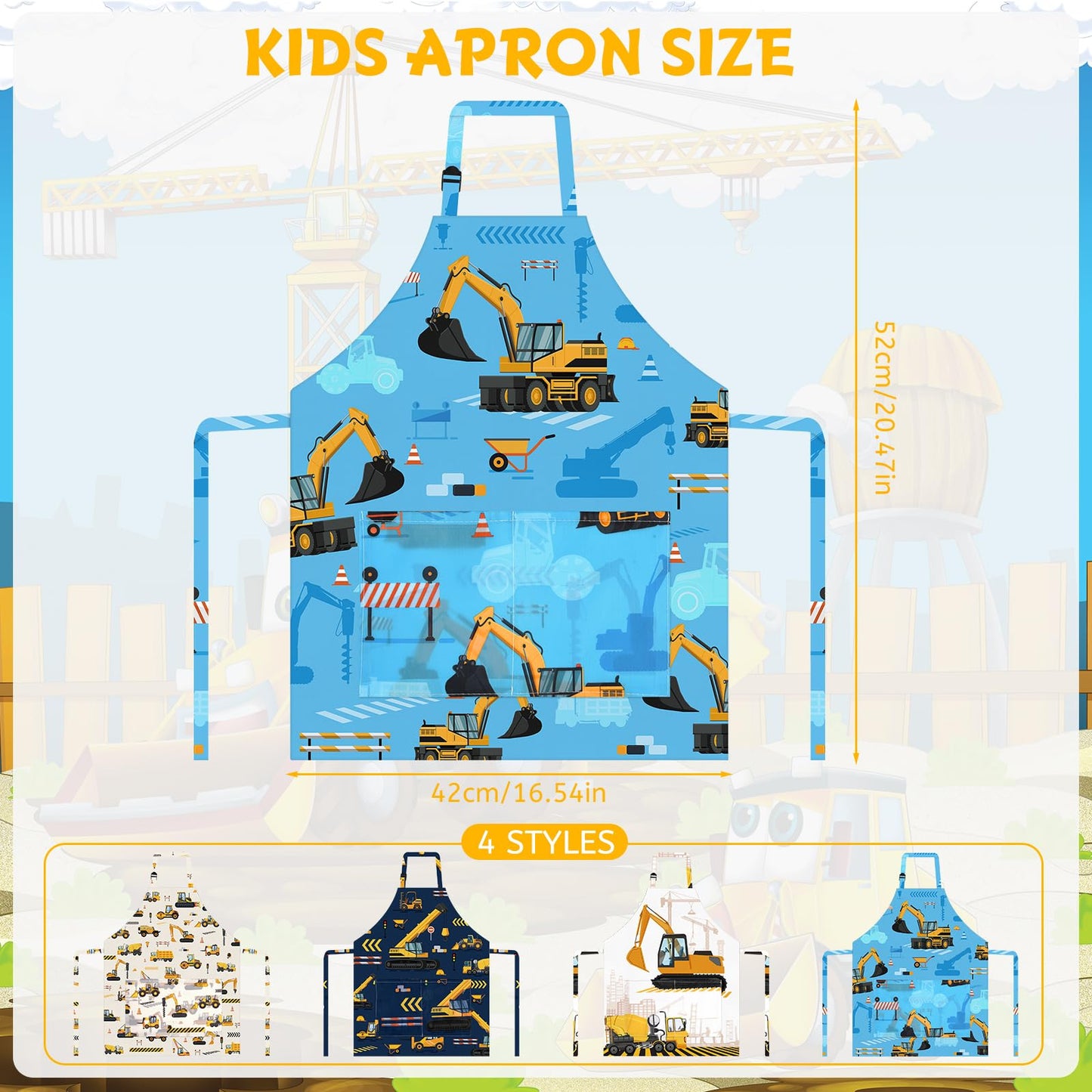 4 Pcs Kids Aprons with Pockets Painting Apron for Kids, PLULON Kids Apron Adjustable Strap Engineering Vehicles Bulldozer Excavator Truck Apron, Apron for Painting Cooking Baking Girls Boys, 3-8 Years