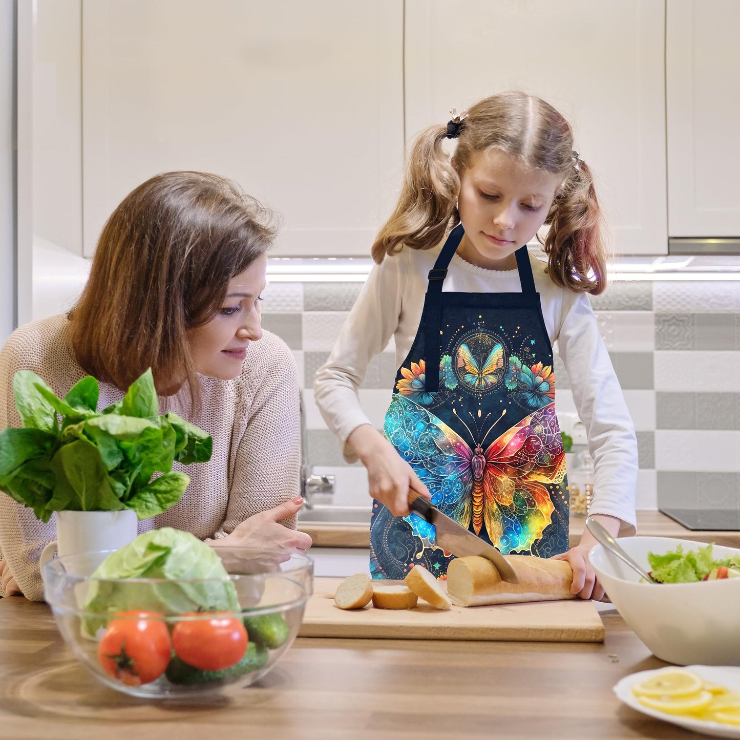 BeeGreen Kids Apron 2 Pack Dinosaur Butterfly Kids Painting Aprons with Adjustable Strap & Front Pockets Toddler Aprons for Girls & Boys Artist Smocks for Cooking Baking Kitchen Washable