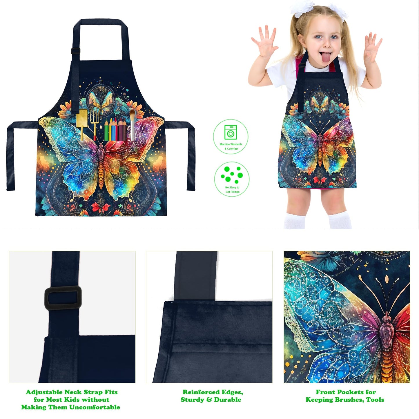 BeeGreen Kids Apron 2 Pack Dinosaur Butterfly Kids Painting Aprons with Adjustable Strap & Front Pockets Toddler Aprons for Girls & Boys Artist Smocks for Cooking Baking Kitchen Washable