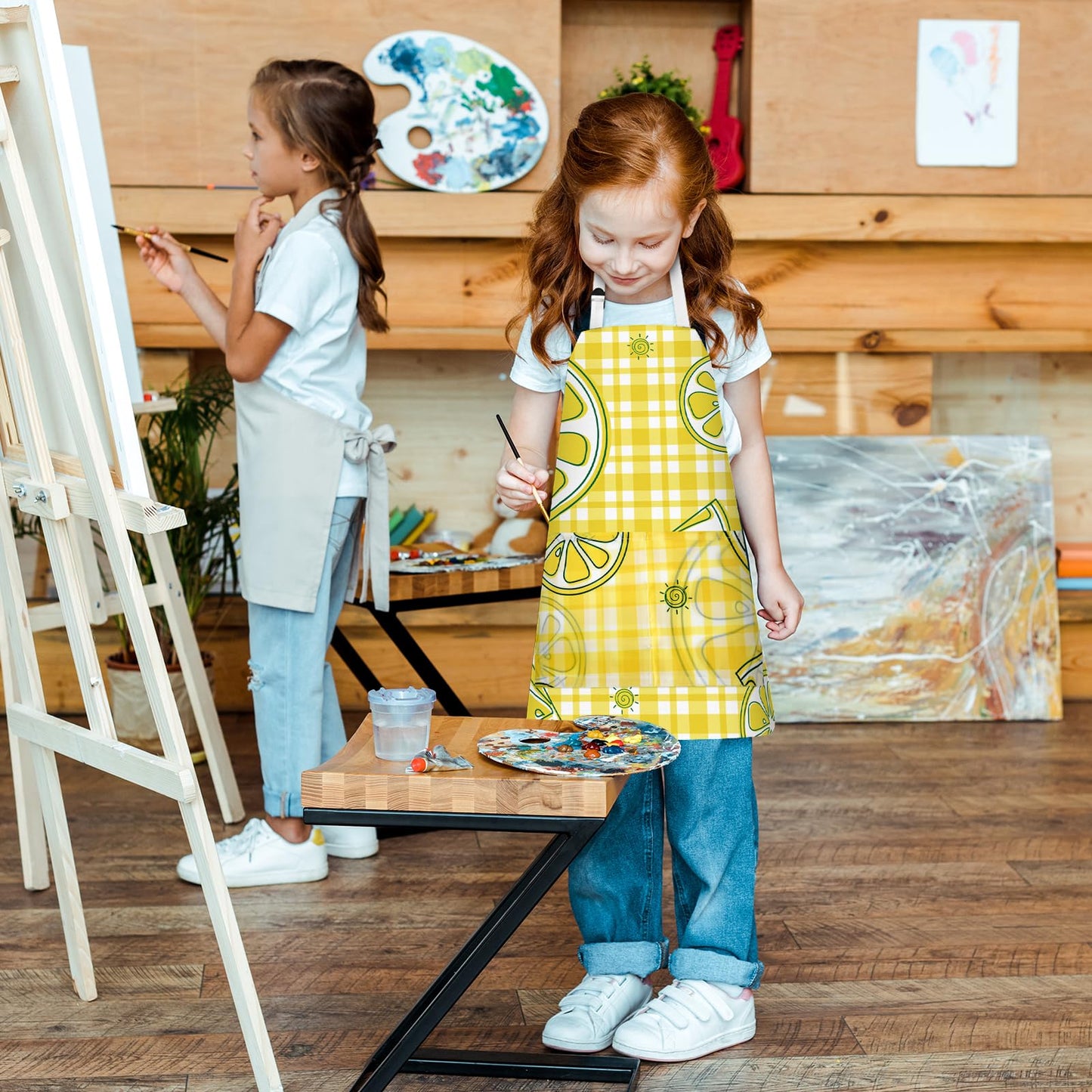 PLULON 4 Pcs Kids Aprons with Pockets Painting Apron for Kids, Lemon Kids Apron Adjustable Strap Lemonade Apron for Painting Cooking Baking Girls Boys Paint Apron Lemonade Party Supplies, 3-8 Years