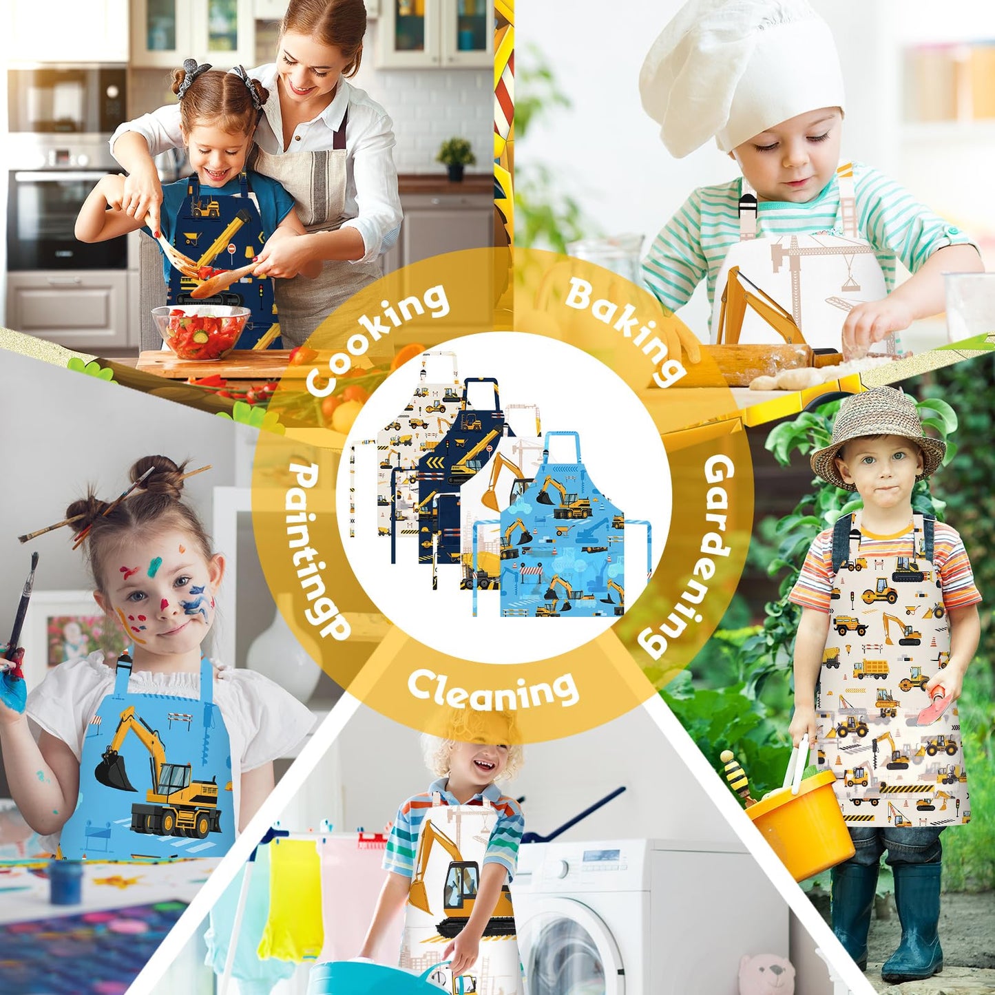 4 Pcs Kids Aprons with Pockets Painting Apron for Kids, PLULON Kids Apron Adjustable Strap Engineering Vehicles Bulldozer Excavator Truck Apron, Apron for Painting Cooking Baking Girls Boys, 3-8 Years