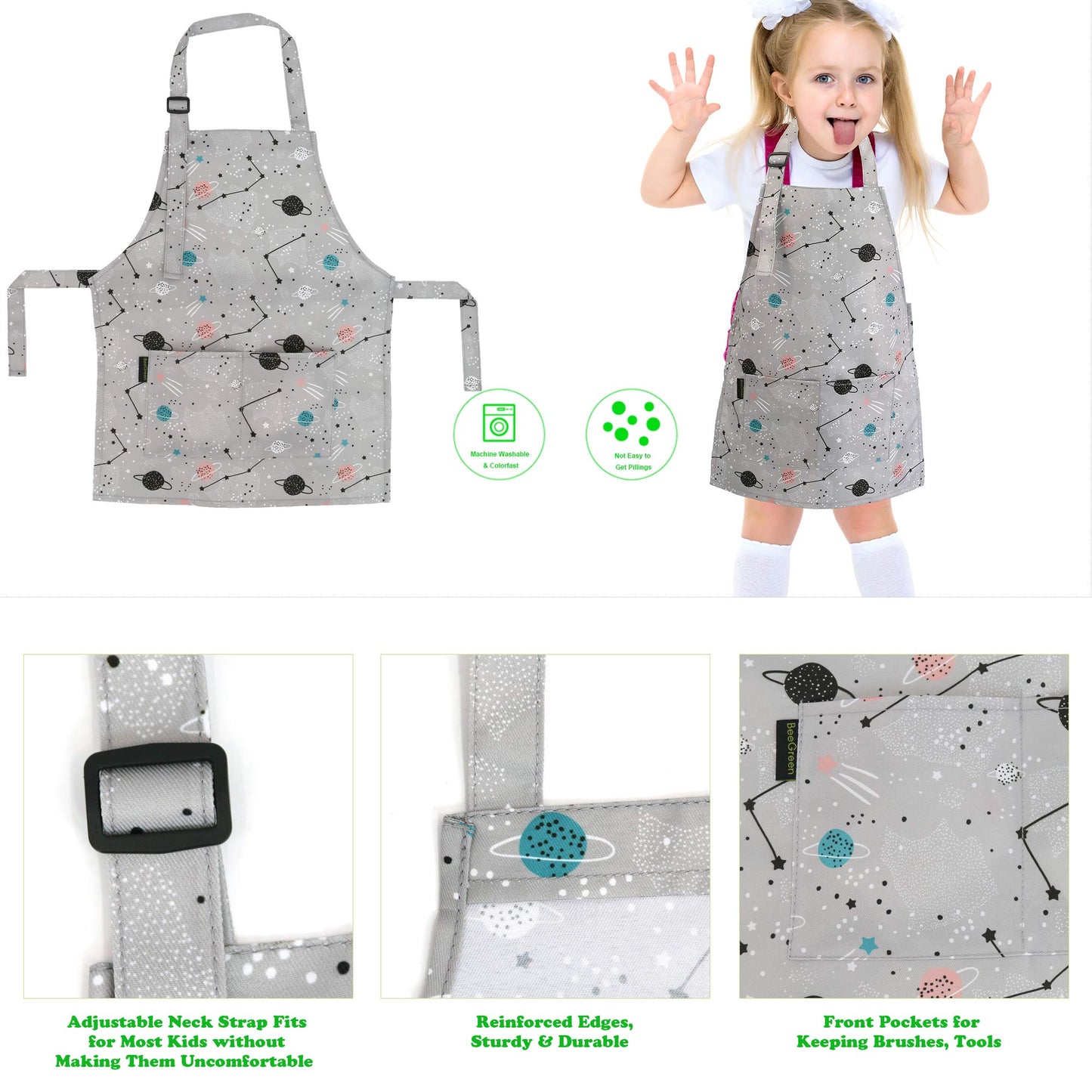 BeeGreen Rocket Planet Kids 2 Pack Cooking Aprons with Adjustable Strap Kids Kitchen Aprons with Front Pocket for Girls Toddler Painting Baking Artist Washable Foldable Lightweight