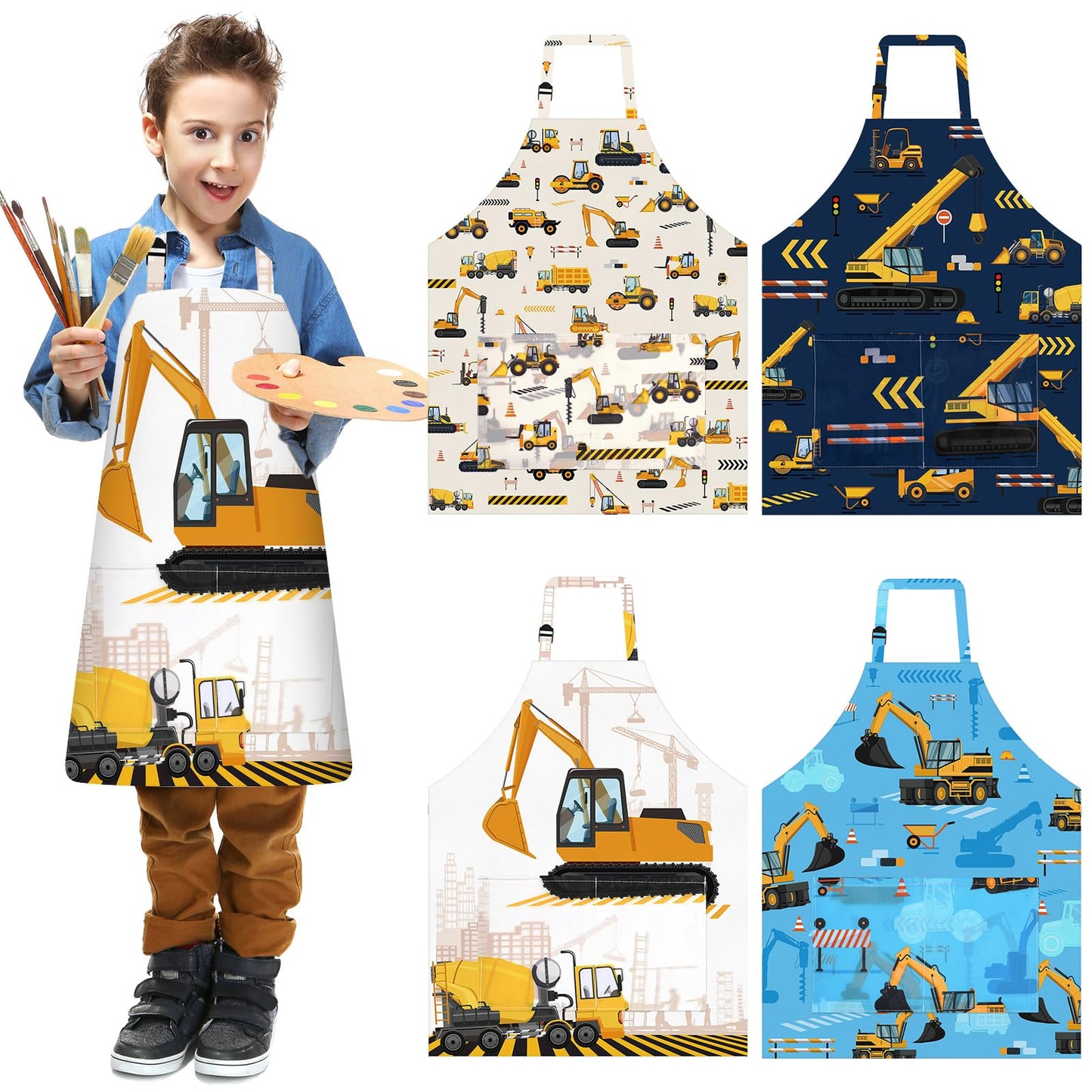 4 Pcs Kids Aprons with Pockets Painting Apron for Kids, PLULON Kids Apron Adjustable Strap Engineering Vehicles Bulldozer Excavator Truck Apron, Apron for Painting Cooking Baking Girls Boys, 3-8 Years