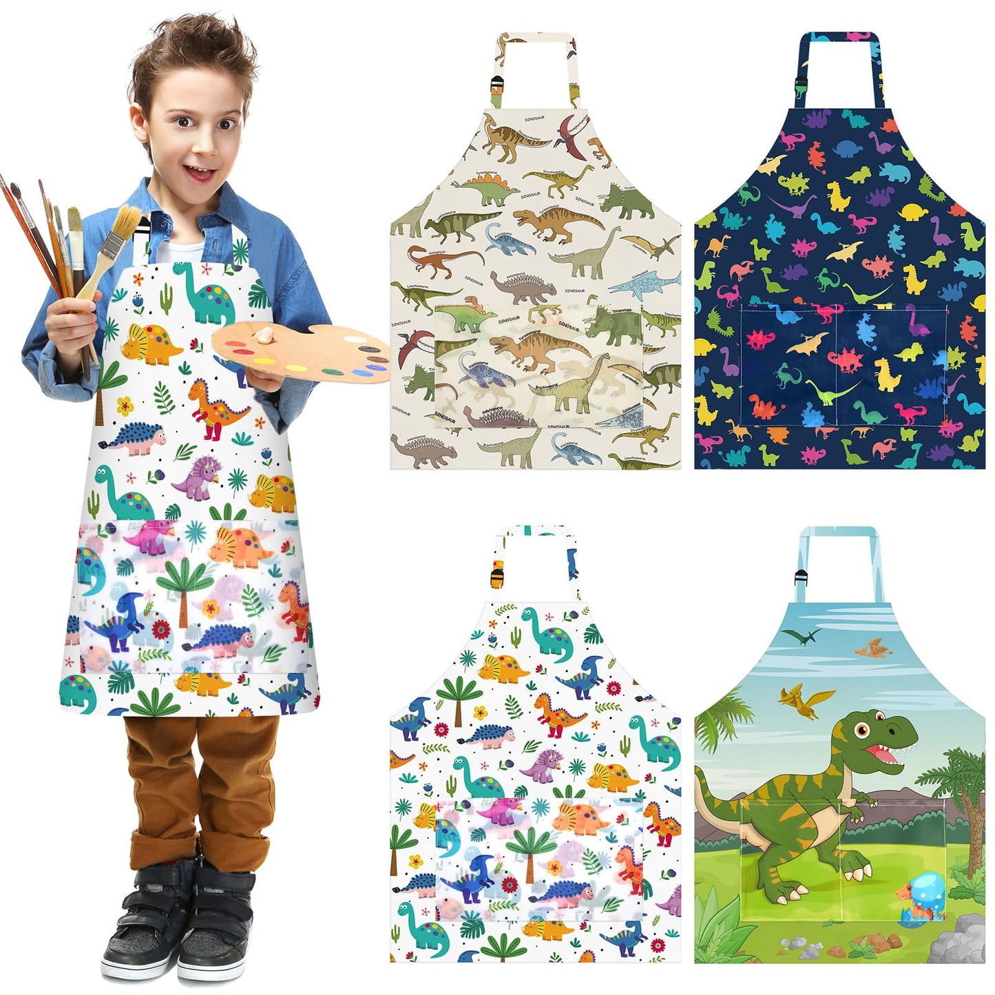 PLULON 4 Pcs Kids Aprons with Pockets Painting Apron for Kids, Dinosaur Kids Apron Adjustable Strap Dino Apron for Painting Cooking Baking Girls Boys Paint Dinosaur Party Supplies, 3-8 Years