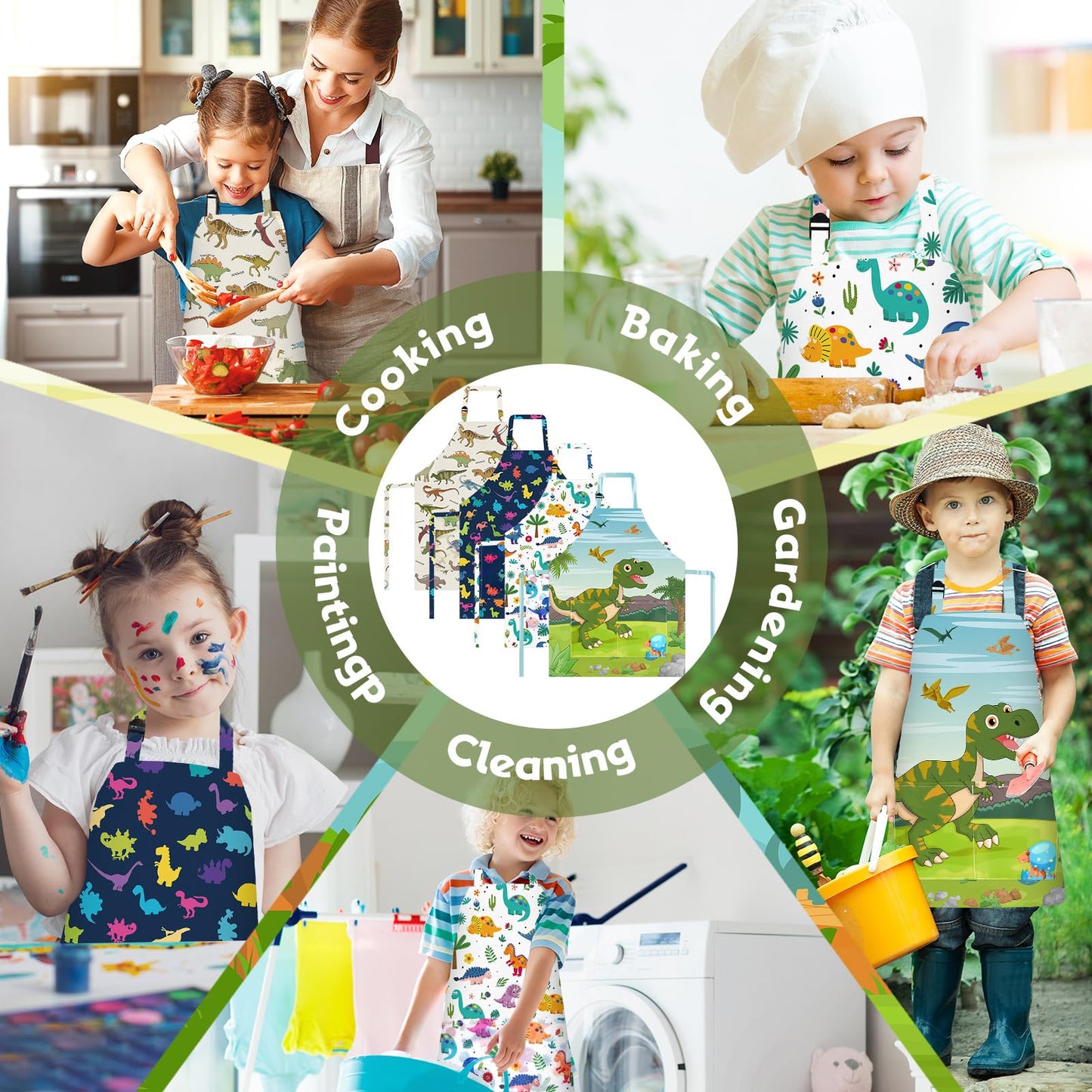 PLULON 4 Pcs Kids Aprons with Pockets Painting Apron for Kids, Dinosaur Kids Apron Adjustable Strap Dino Apron for Painting Cooking Baking Girls Boys Paint Dinosaur Party Supplies, 3-8 Years