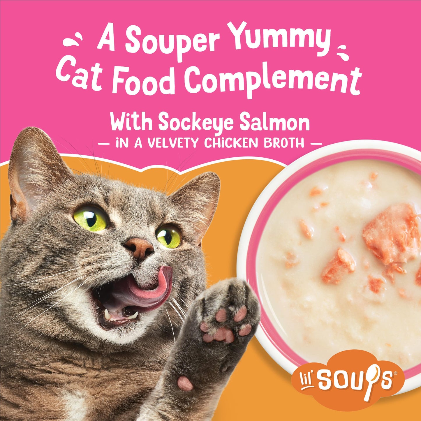 Purina Friskies Lil’ Soups Lickable Cat Treats Toppers with Sockeye Salmon in Chicken Broth, Grain Free Cat Food Toppers, Pack of 8, 1.2 oz Cups