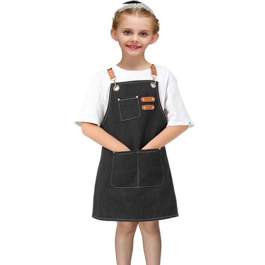 USCHAILIQIANG Kids Aprons Adjustable With 3 PocketsTool Waterproof For Cooking Painting Gardener Canvas Apron For 6-12 Girls And Boys (black)