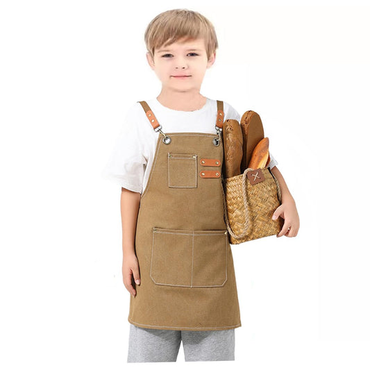 USCHAILIQIANG Kids Aprons Adjustable With 3 PocketsTool Waterproof For Cooking Painting Gardener Canvas Apron For 6-12 Girls And Boys (Brown)