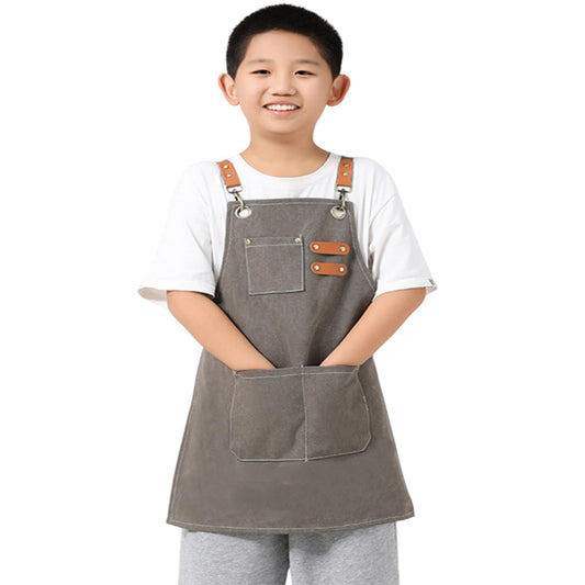USCHAILIQIANG Kids Aprons Adjustable With 3 PocketsTool Waterproof For Cooking Painting Gardener Canvas Apron For 6-12 Girls And Boys (grey)