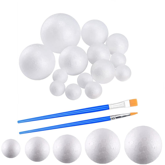 hesmartly 50 Pack Craft Foam Balls,White Polystyrene Smooth Round Balls, 5 Sizes Foam Balls and 2 Pieces Painting Brushes for DIY Projects Arts and Crafts Supplies