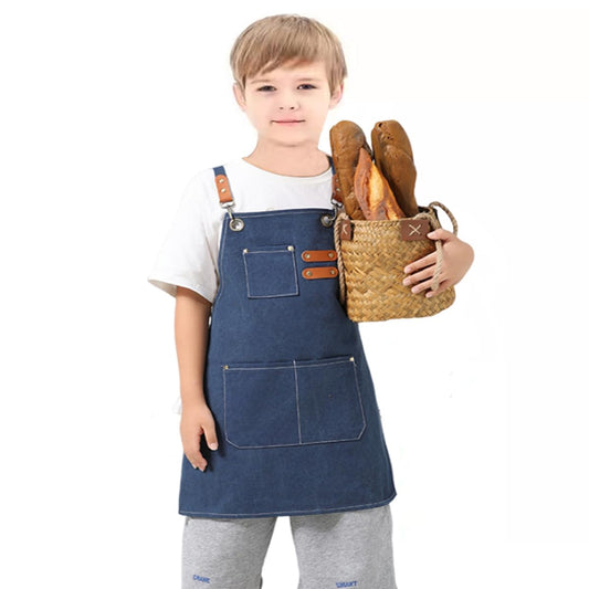 USCHAILIQIANG Kids Aprons Adjustable With 3 PocketsTool Waterproof For Cooking Painting Gardener Canvas Apron For 6-12 Girls And Boys (blue)