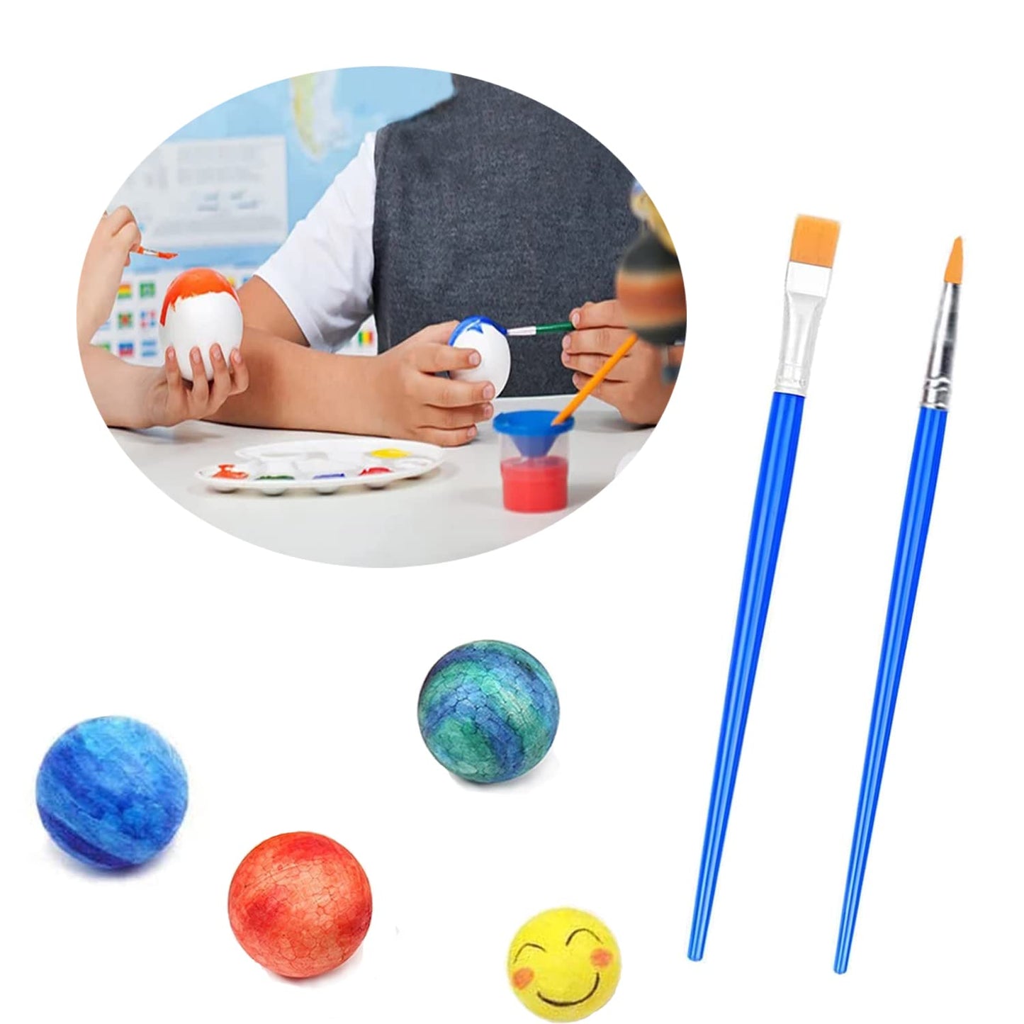 hesmartly 50 Pack Craft Foam Balls,White Polystyrene Smooth Round Balls, 5 Sizes Foam Balls and 2 Pieces Painting Brushes for DIY Projects Arts and Crafts Supplies