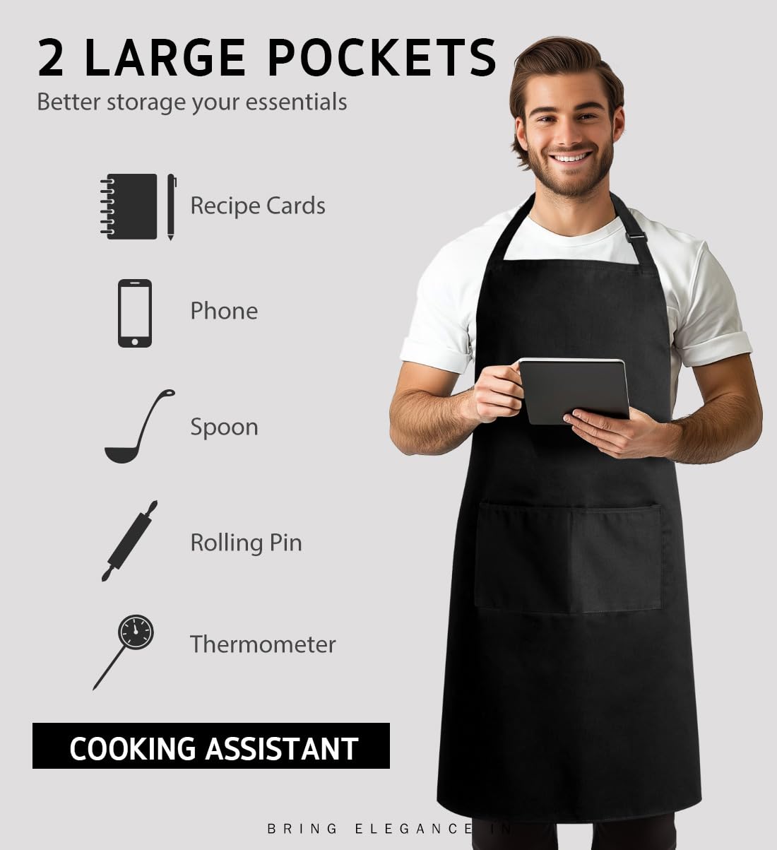 Syntus 2 Pack Adjustable Bib Apron Waterdrop Resistant with 2 Pockets Cooking Kitchen Aprons for Women Men Chef, Black