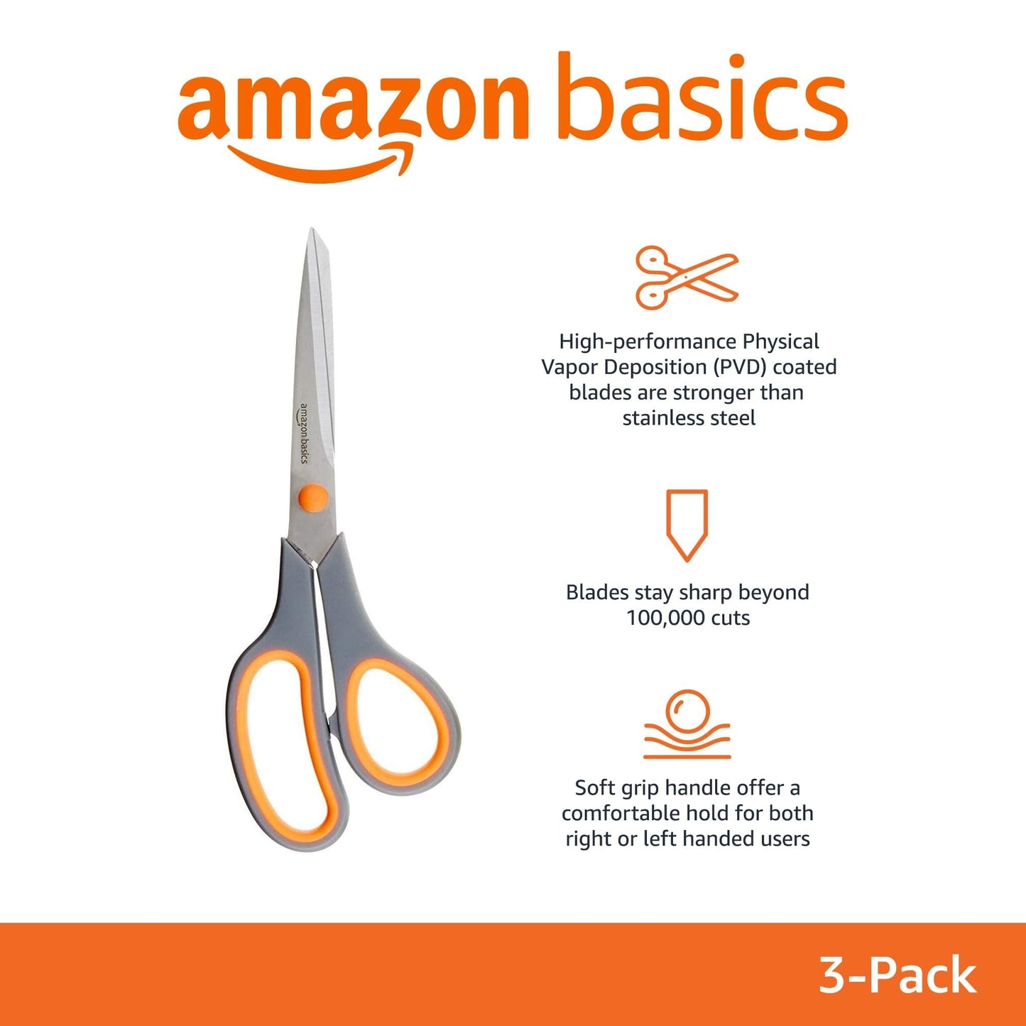 Amazon Basics Stainless Steel Scissors for Office, Crafts, Multipurpose, Sharp, Comfort Grip, PVD Coated, 3 Pack, Multicolor