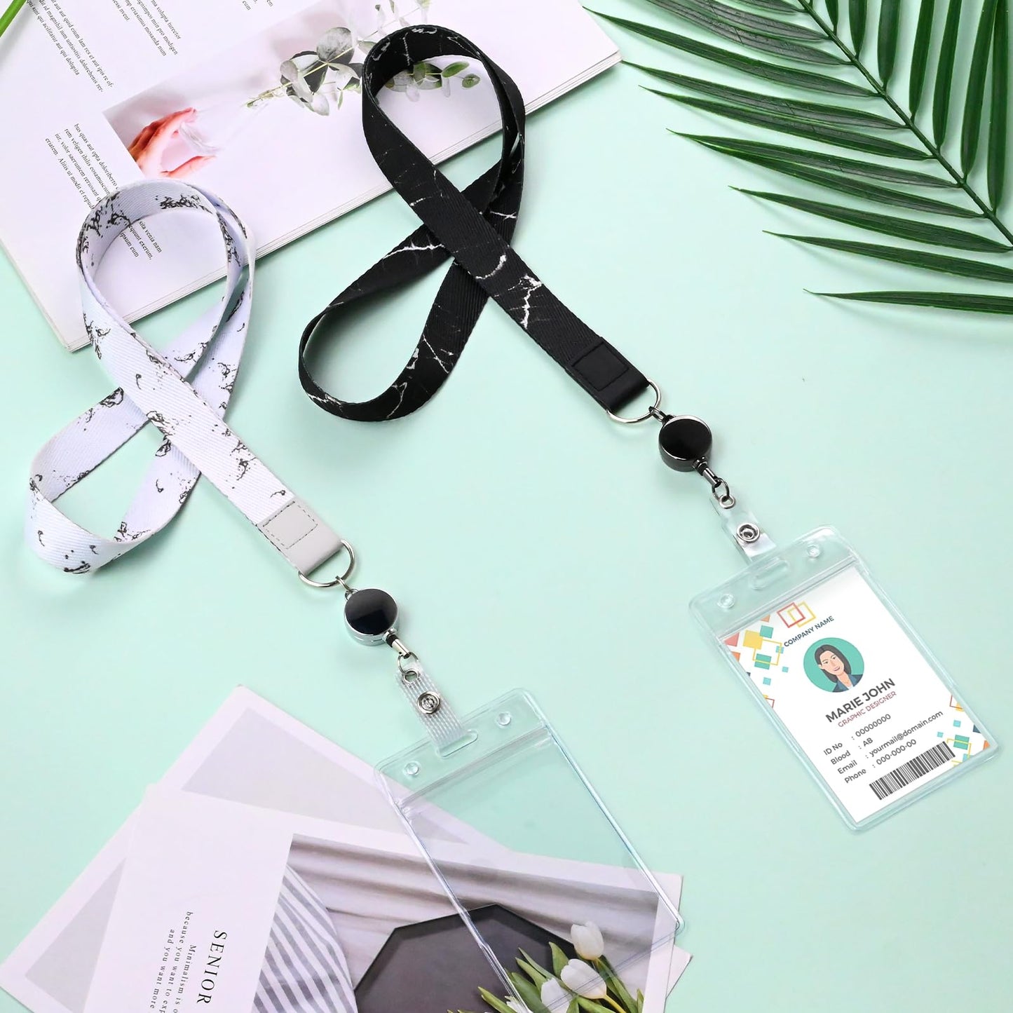 2 Pack Cute Lanyard ID Badge Holder| b/w Marble