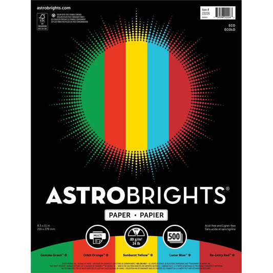 Neenah Astrobrights Color Paper, 8.5" x 11", 24 lb/89 gsm,"Eco" 5-Color Assortment, 500 Sheets (22226), Assorted