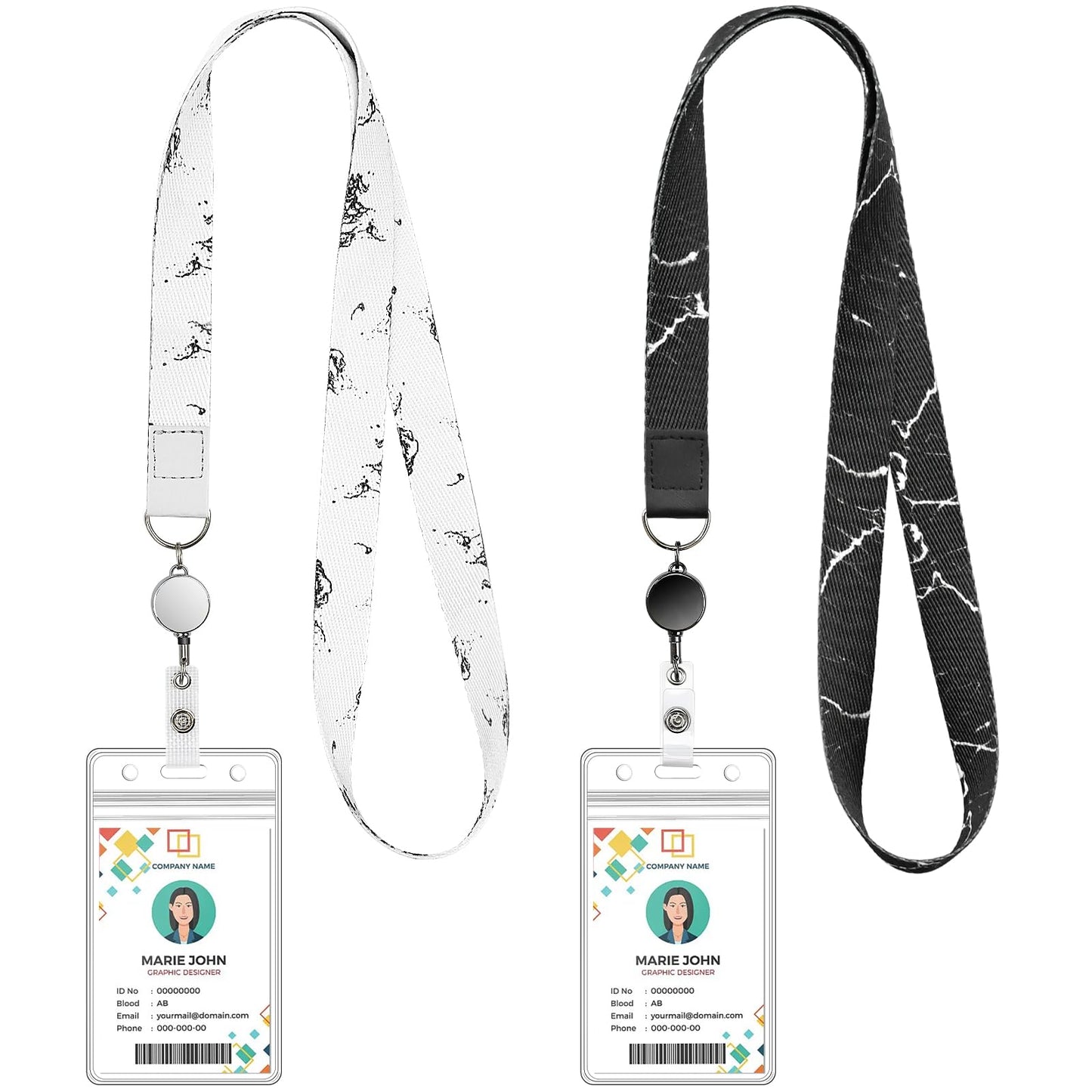2 Pack Cute Lanyard ID Badge Holder| b/w Marble