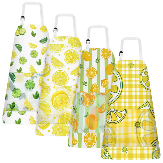 PLULON 4 Pcs Kids Aprons with Pockets Painting Apron for Kids, Lemon Kids Apron Adjustable Strap Lemonade Apron for Painting Cooking Baking Girls Boys Paint Apron Lemonade Party Supplies, 3-8 Years
