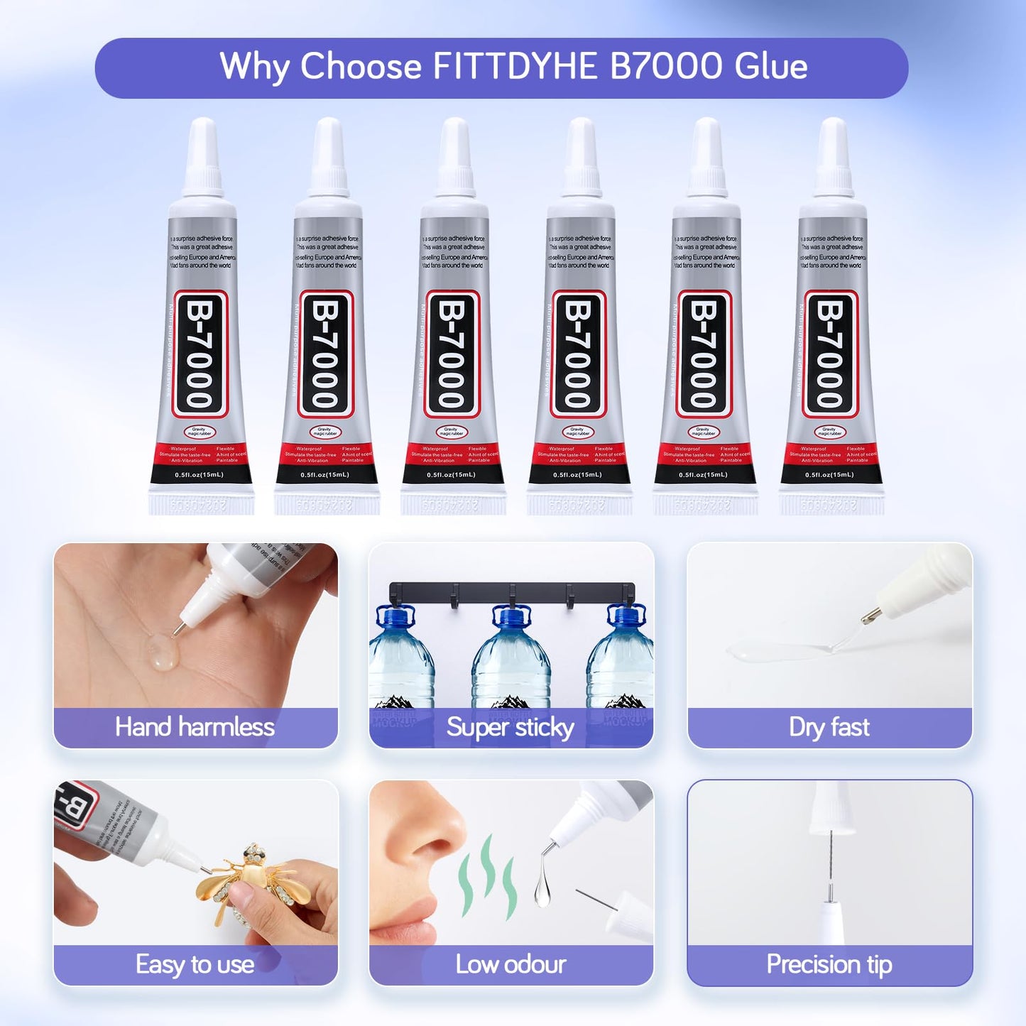 FITTDYHE 6PCS Jewelry Glue - 15ML/0.5fl oz Clear DIY Craft Glue for Rhinestones, Waterproof Strong Bond Adhesive for Phone Repair, Nail Art, Shoes, Fabric, Metal, Glass