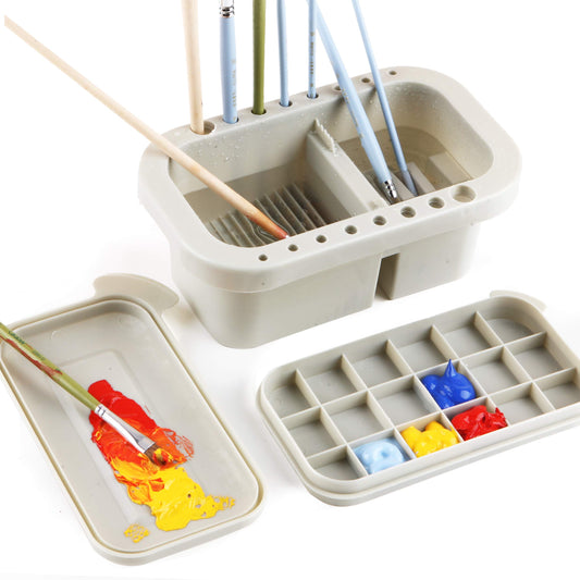 martol Multi-Use Paint Brush Basin with Brushes Holder,Washer,Trays,Palette Box-Artist Cleaner Cup for Watercolor Oil Acrylic Gouache Painting with Lid