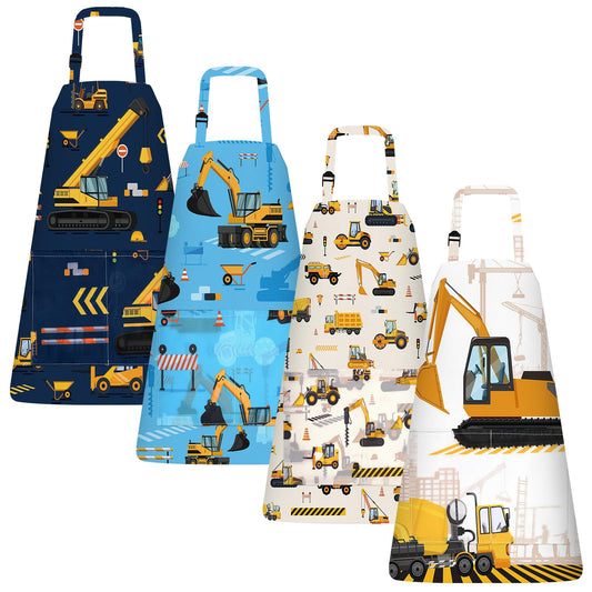 4 Pcs Kids Aprons with Pockets Painting Apron for Kids, PLULON Kids Apron Adjustable Strap Engineering Vehicles Bulldozer Excavator Truck Apron, Apron for Painting Cooking Baking Girls Boys, 3-8 Years