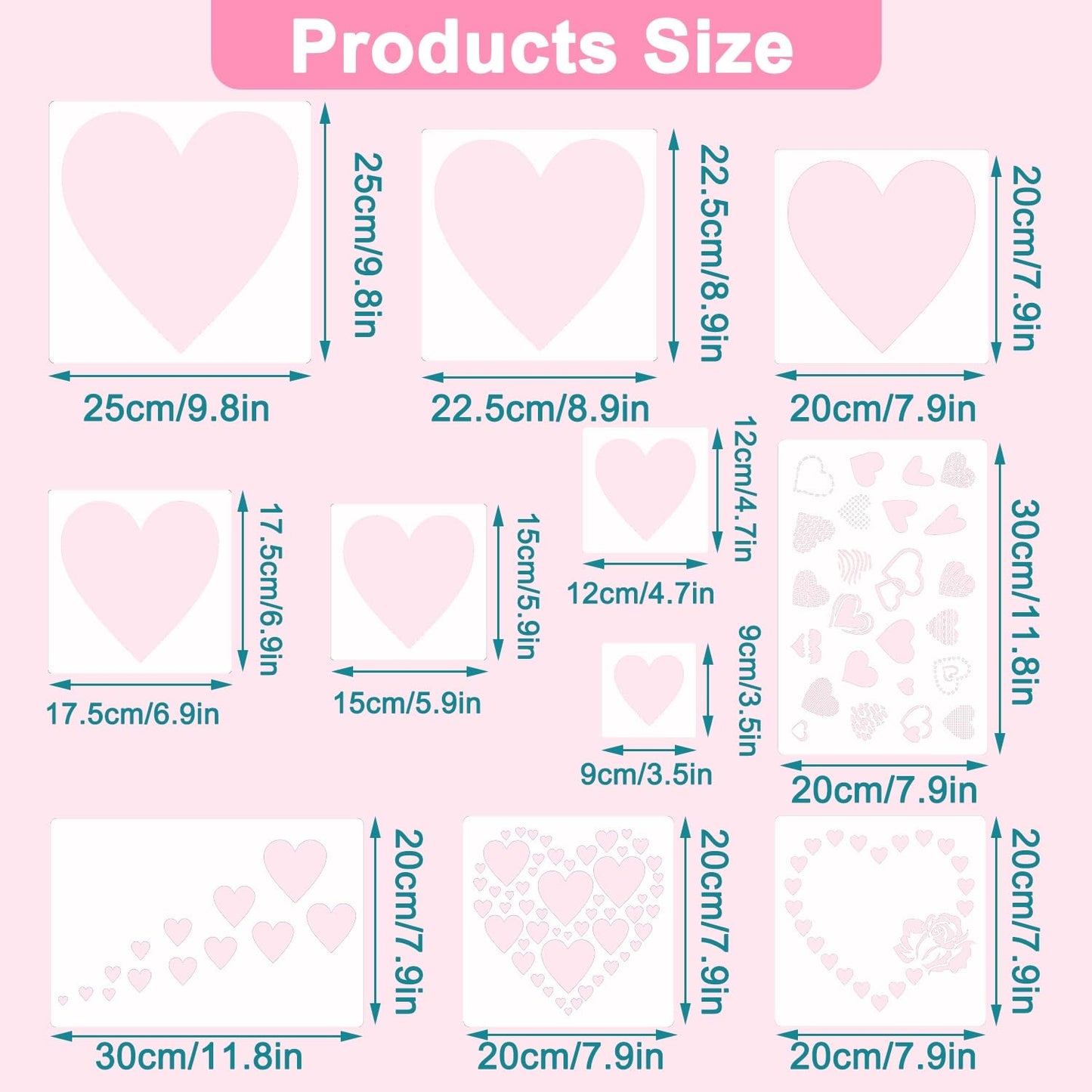 11 Pieces Heart Stencil, Reusable Heart Stencil Template Plastic Stencils for Painting on Wood Wall Home Decor DIY Crafts