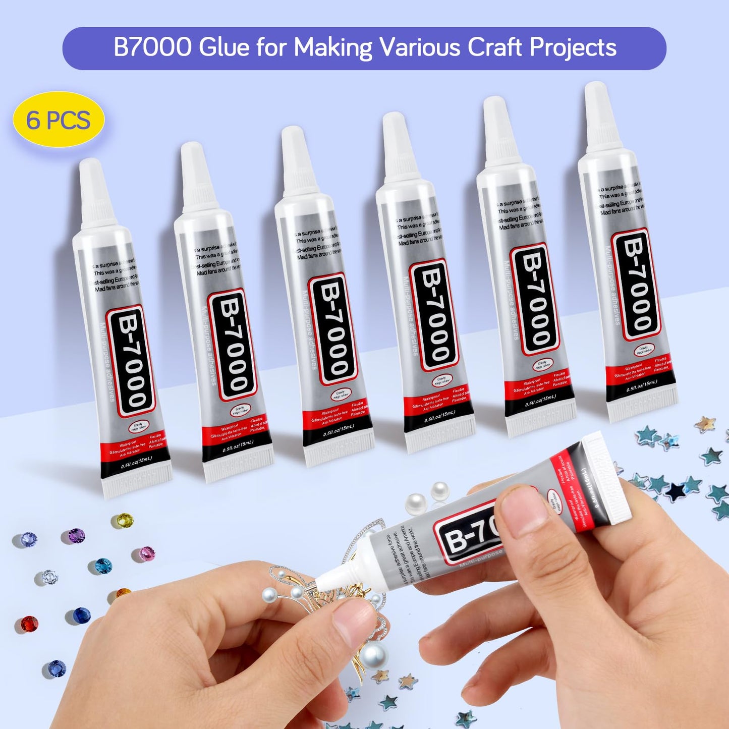 FITTDYHE 6PCS Jewelry Glue - 15ML/0.5fl oz Clear DIY Craft Glue for Rhinestones, Waterproof Strong Bond Adhesive for Phone Repair, Nail Art, Shoes, Fabric, Metal, Glass