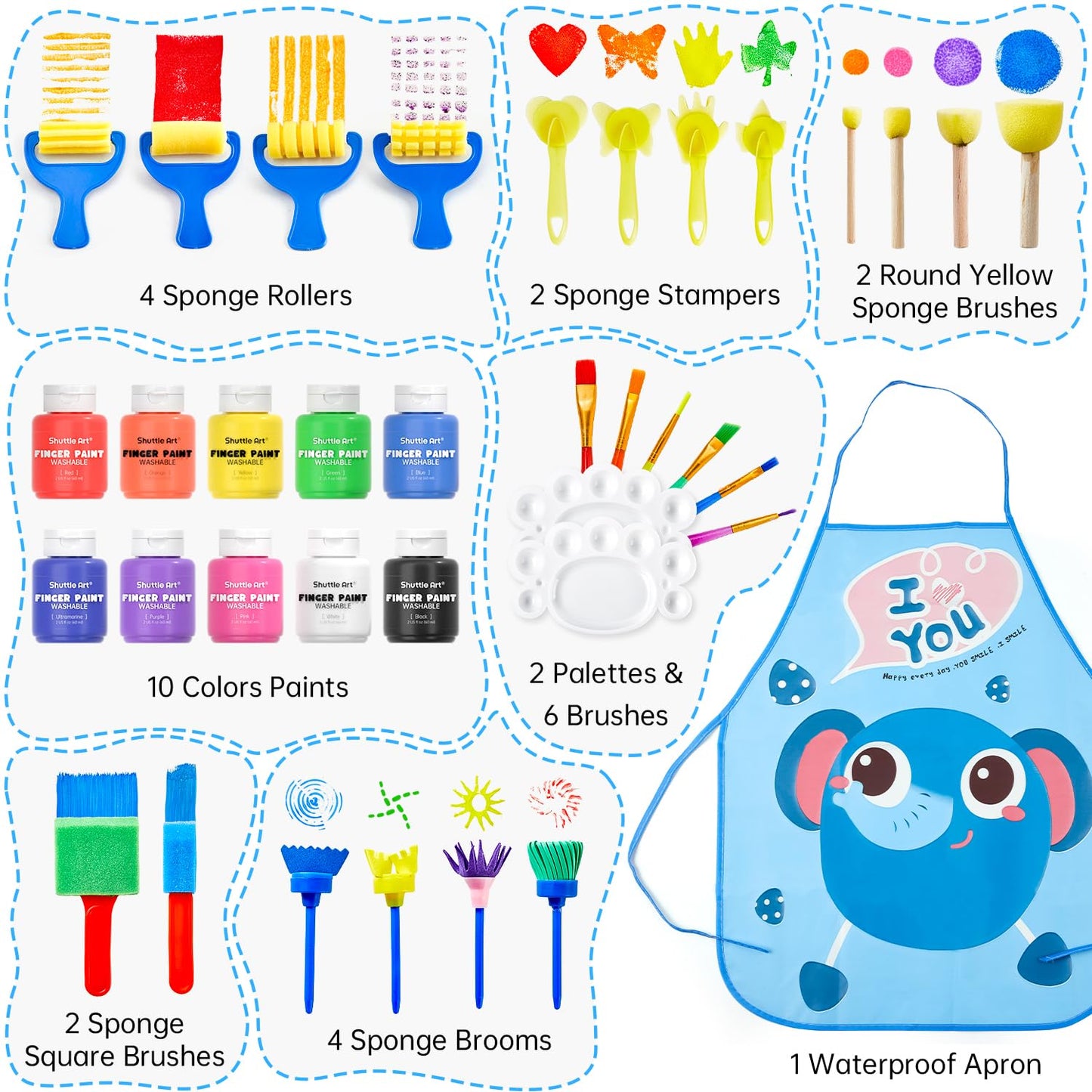 Kids Washable Finger Paints Set, Shuttle Art 33 Pack Non Toxic Kids Painting Set with 10 Colours (60ml) Finger Paints, Paint Pad, Sponge Paint Brushes, Eco Natural for Children and Toddler