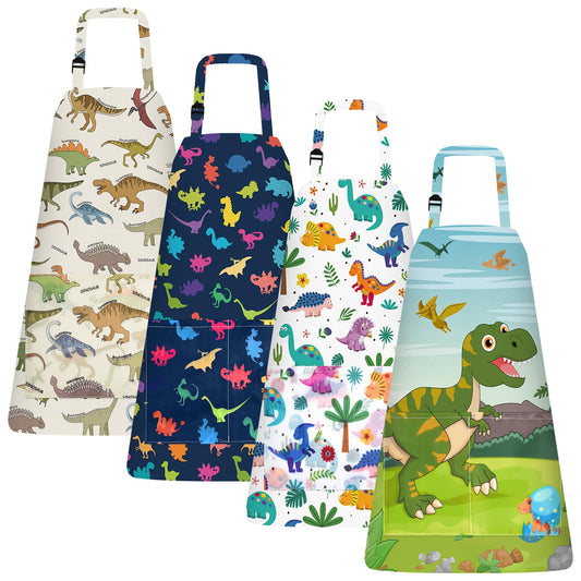 PLULON 4 Pcs Kids Aprons with Pockets Painting Apron for Kids, Dinosaur Kids Apron Adjustable Strap Dino Apron for Painting Cooking Baking Girls Boys Paint Dinosaur Party Supplies, 3-8 Years