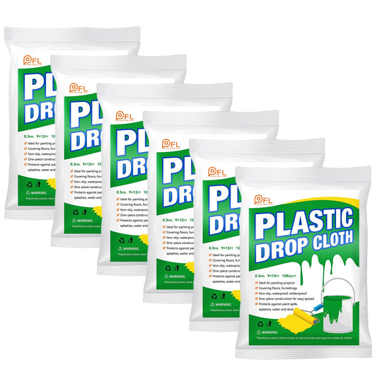 6 Pieces Plastic Sheeting Drop Cloth for Painting - 9x12 Feet Painters Plastic Sheet - Waterproof Dustproof Sheets for Floor/Couch Cover