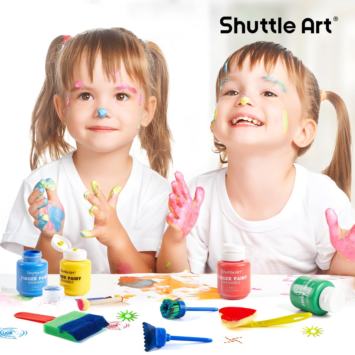 Kids Washable Finger Paints Set, Shuttle Art 33 Pack Non Toxic Kids Painting Set with 10 Colours (60ml) Finger Paints, Paint Pad, Sponge Paint Brushes, Eco Natural for Children and Toddler