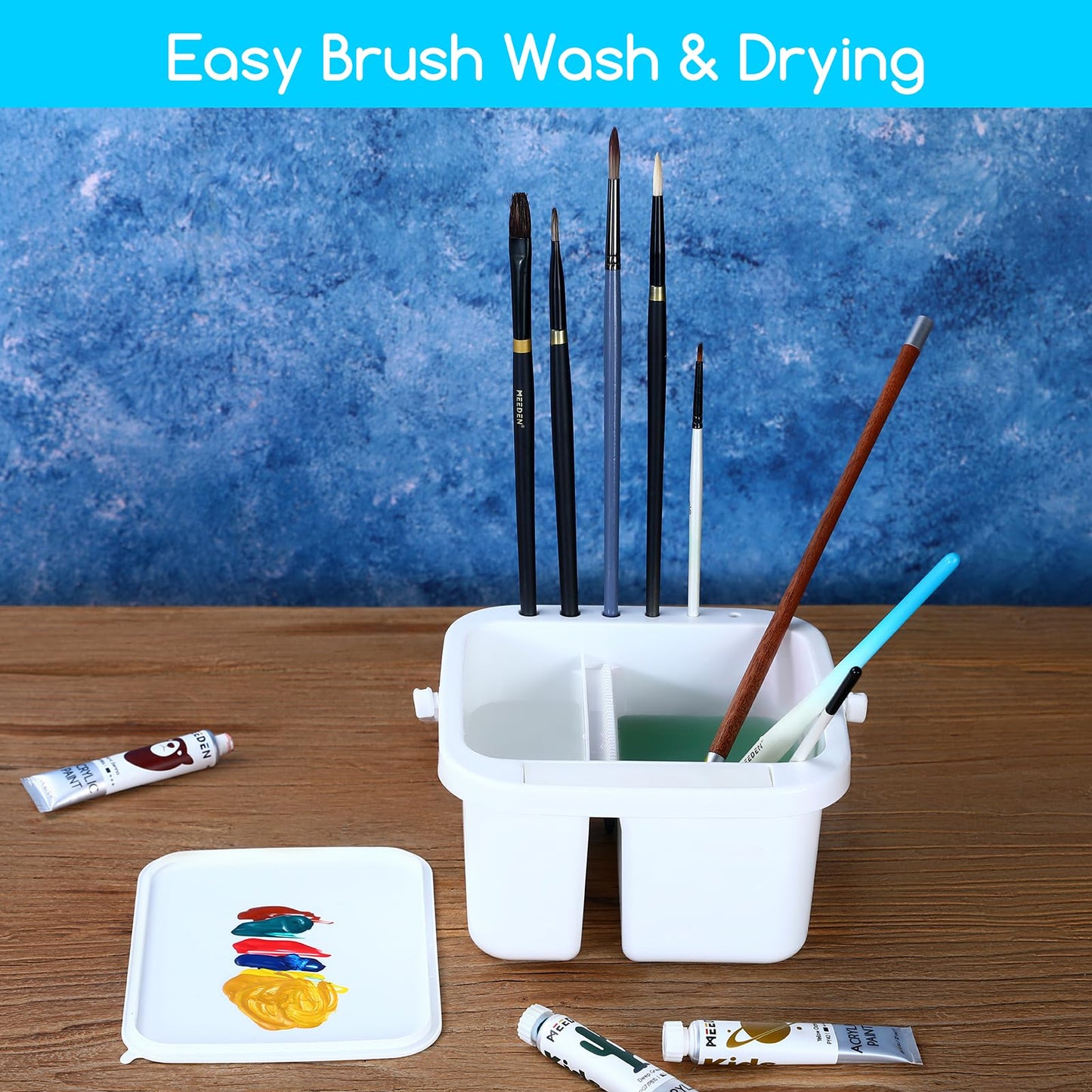 MEEDEN Paint Brush Cleaner & Holder: Portable Multi-function 6-Hole Paint Brush Washer with Lid Palette and Handle for Cleaning Acrylic, Watercolor, and Water-Based Paints