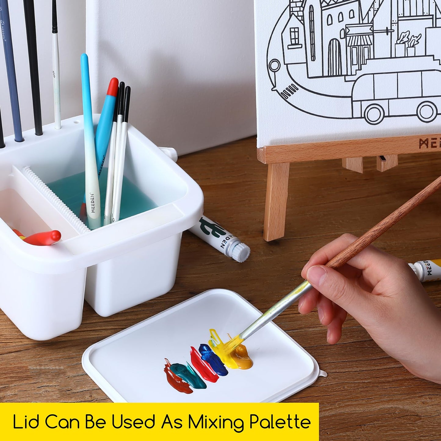 MEEDEN Paint Brush Cleaner & Holder: Portable Multi-function 6-Hole Paint Brush Washer with Lid Palette and Handle for Cleaning Acrylic, Watercolor, and Water-Based Paints